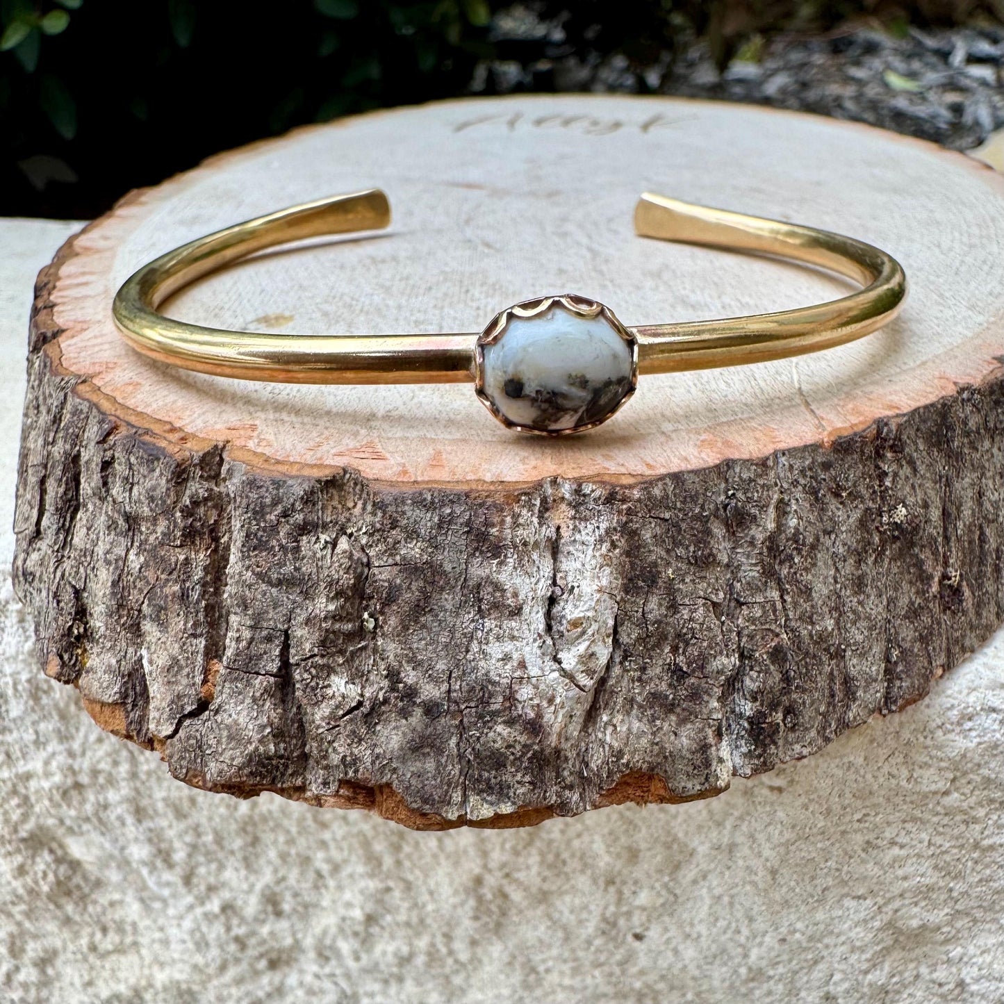 White Buffalo Turquoise Bezel Brass Bracelet – Handmade Adjustable Cuff Jewelry