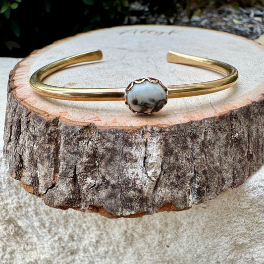 White Buffalo Turquoise Bezel Brass Bracelet – Handmade Adjustable Cuff Jewelry