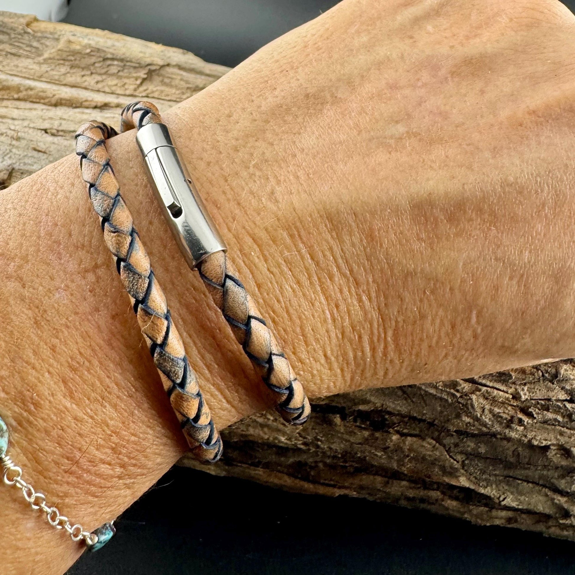 Genuine Braided Leather Wrap Bracelet with Bayonet Clasp - Single & Double Wrap Style