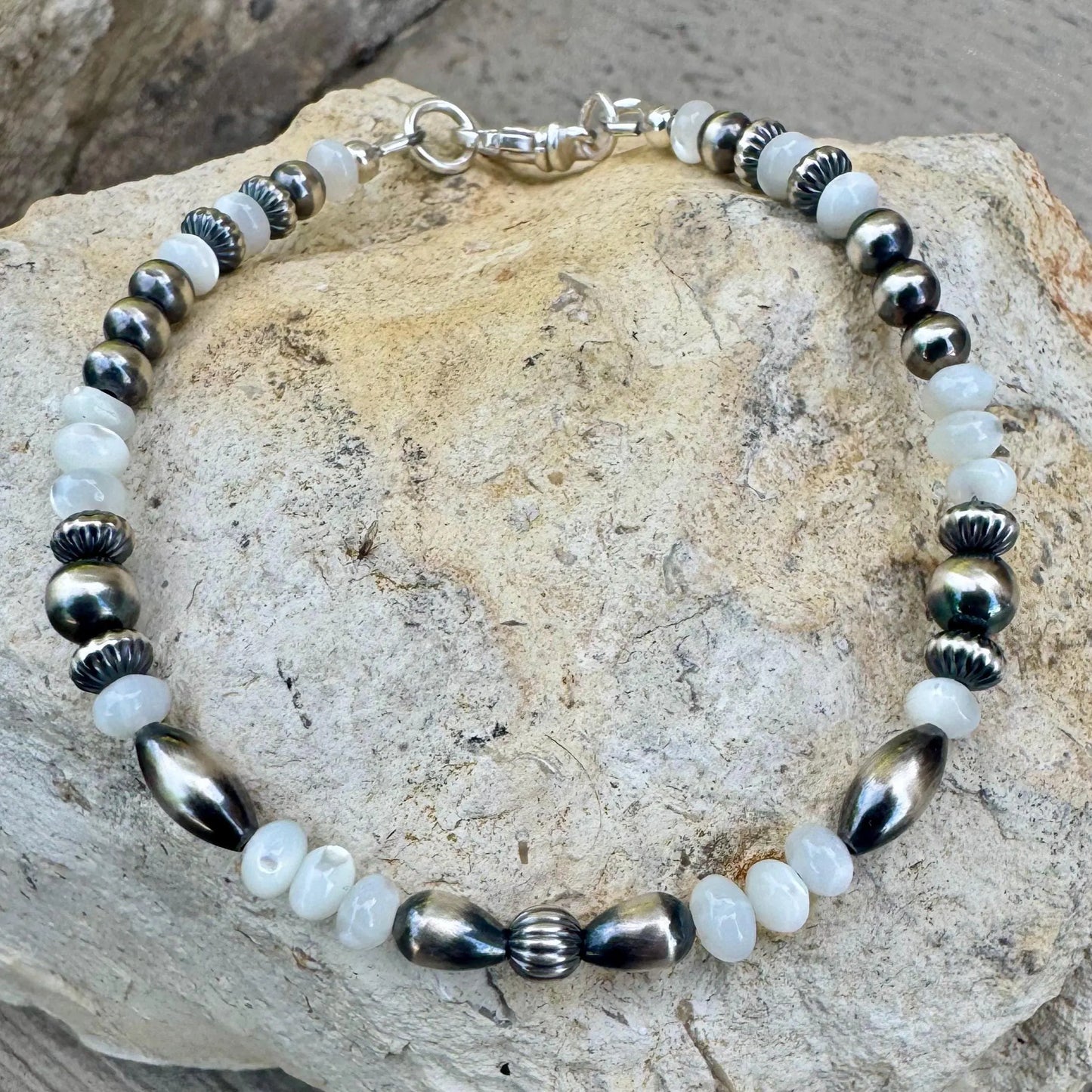 Navajo Pearl & Mother of Pearl Bracelet - Sterling Silver Beaded Gemstone Jewelry