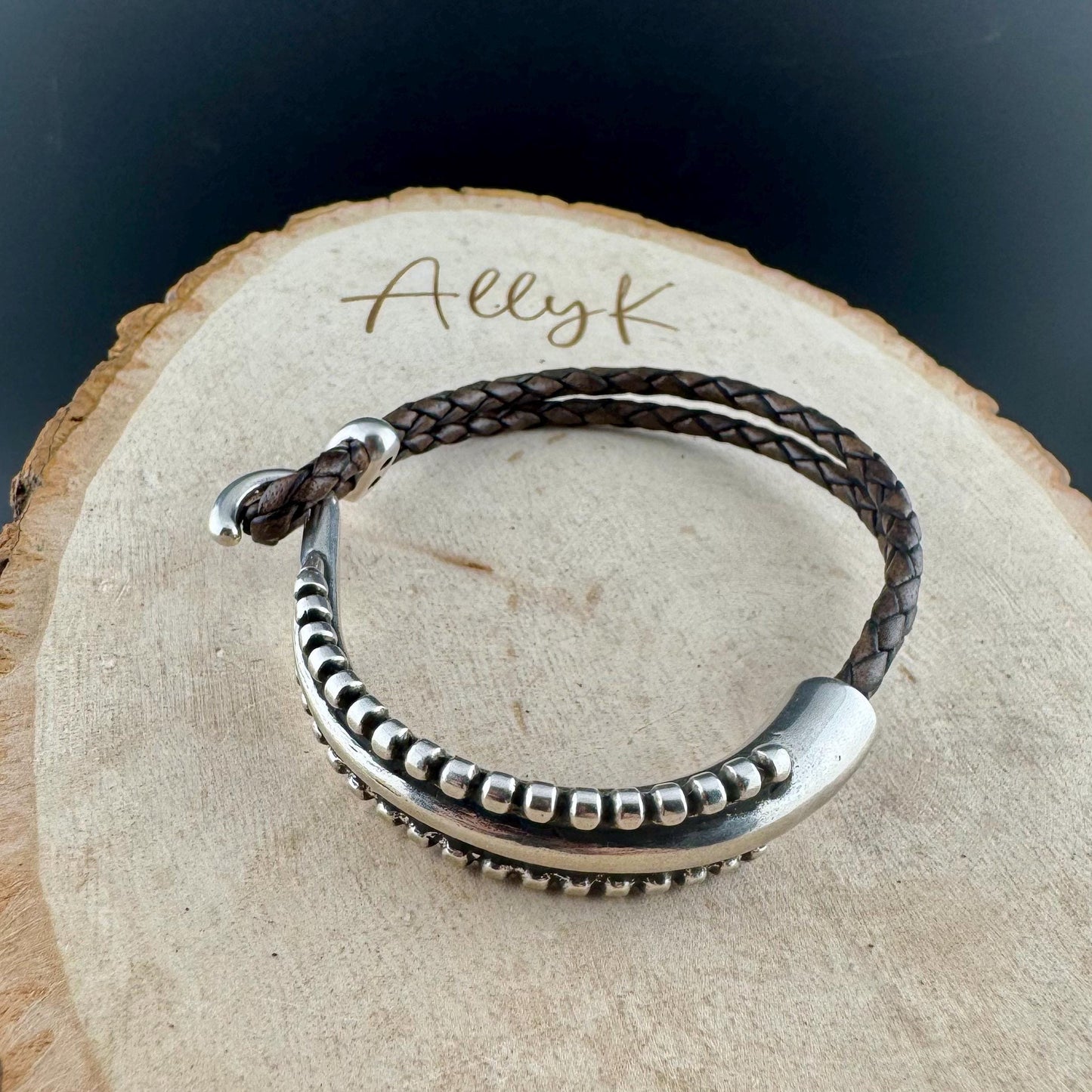 Rustic Braided Leather Wrap Bracelet with Silver Cuff – Brown, Black & White Options