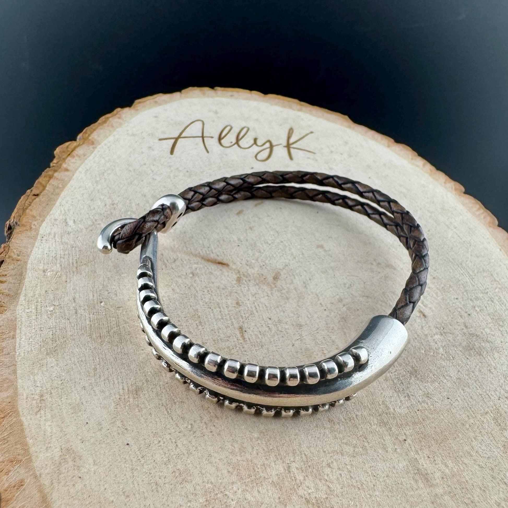 Rustic Braided Leather Wrap Bracelet with Silver Cuff – Brown, Black & White Options