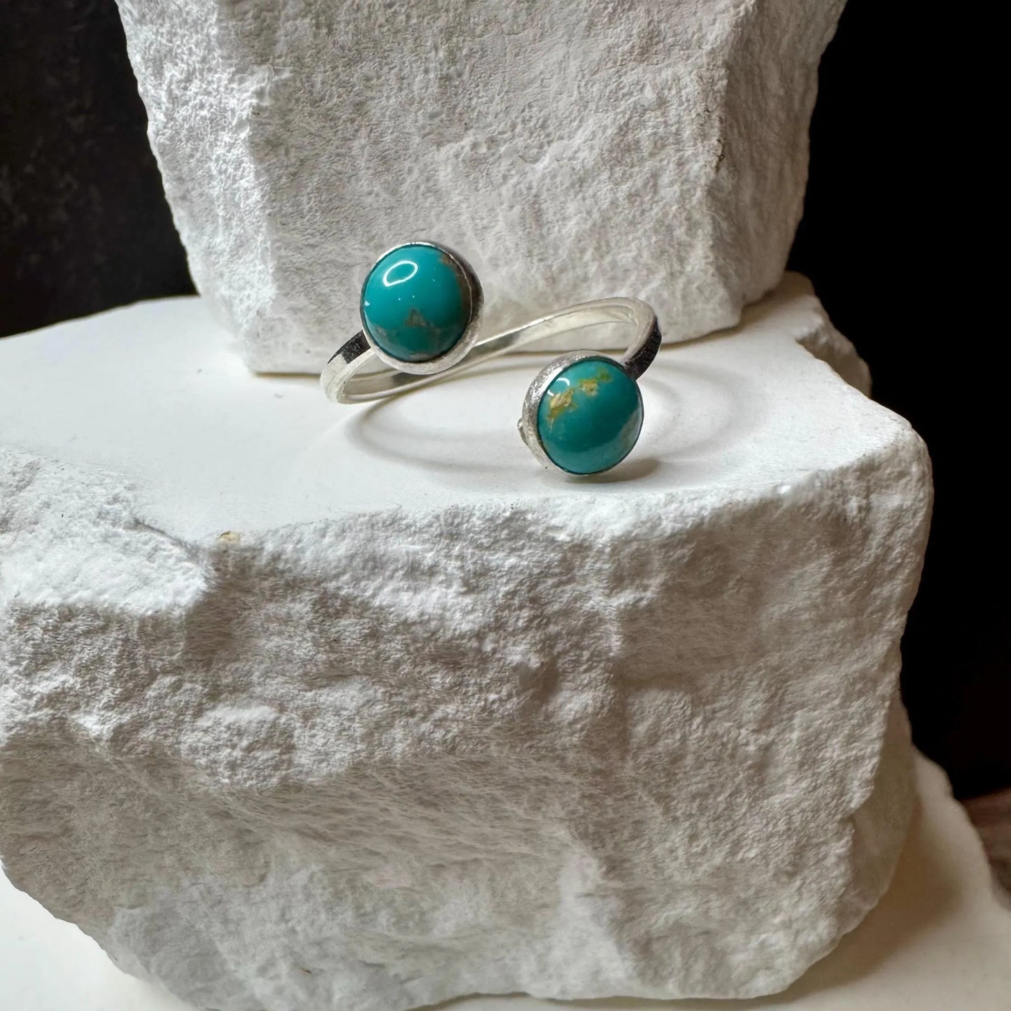 Kingman Turquoise Sterling Silver Ring: Adjustable Double Bezel