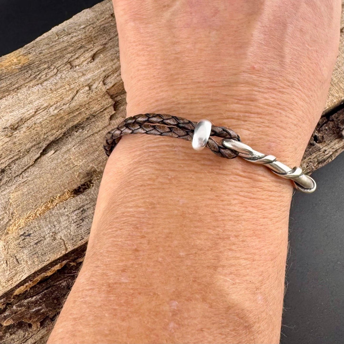 Braided Leather Wrap Bracelet with Silver Half Cuff - Rustic Style in Multiple Colors
