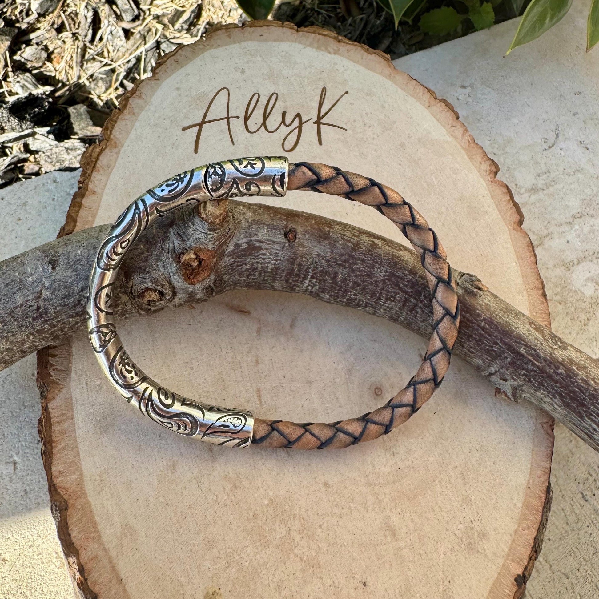 Braided Leather Wrap Bracelet - Antique Silver Paisley Half Cuff in Multiple Colors