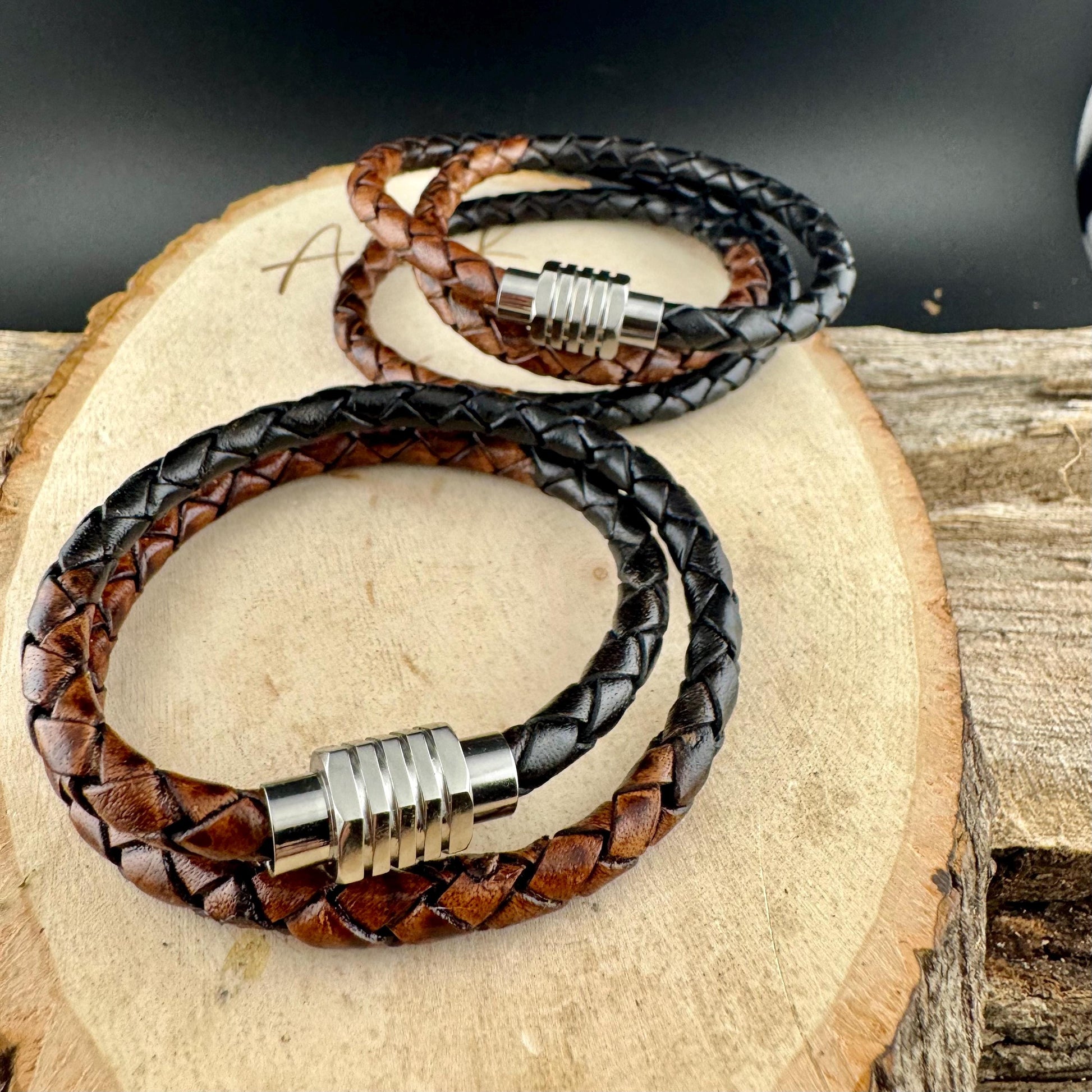 Braided Leather Multi Wrap Bracelet for Men or Women: Stainless Steel Magnetic Clasp