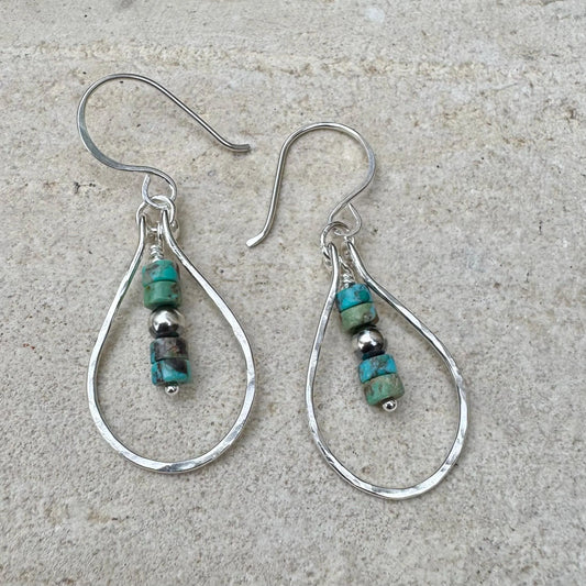 Turquoise Navajo Pearl Teardrop Earrings, Sterling Silver Dangle Teardrop Style
