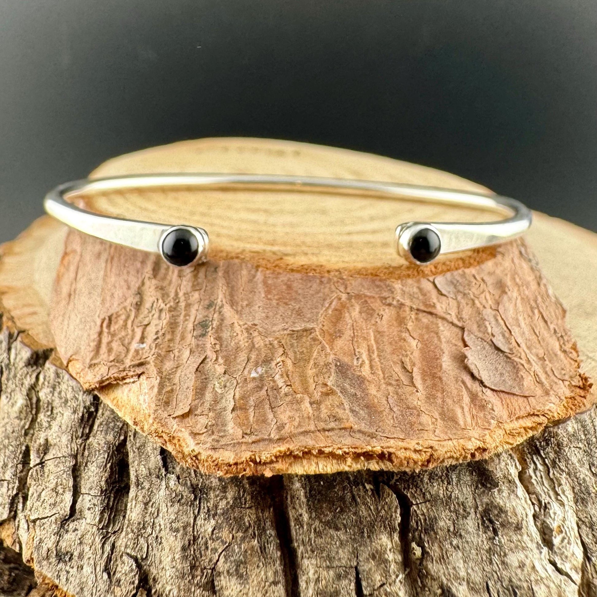 Dainty Sterling Silver Black Onyx Cuff Bracelet - 4mm Double Bezel Reverse Design