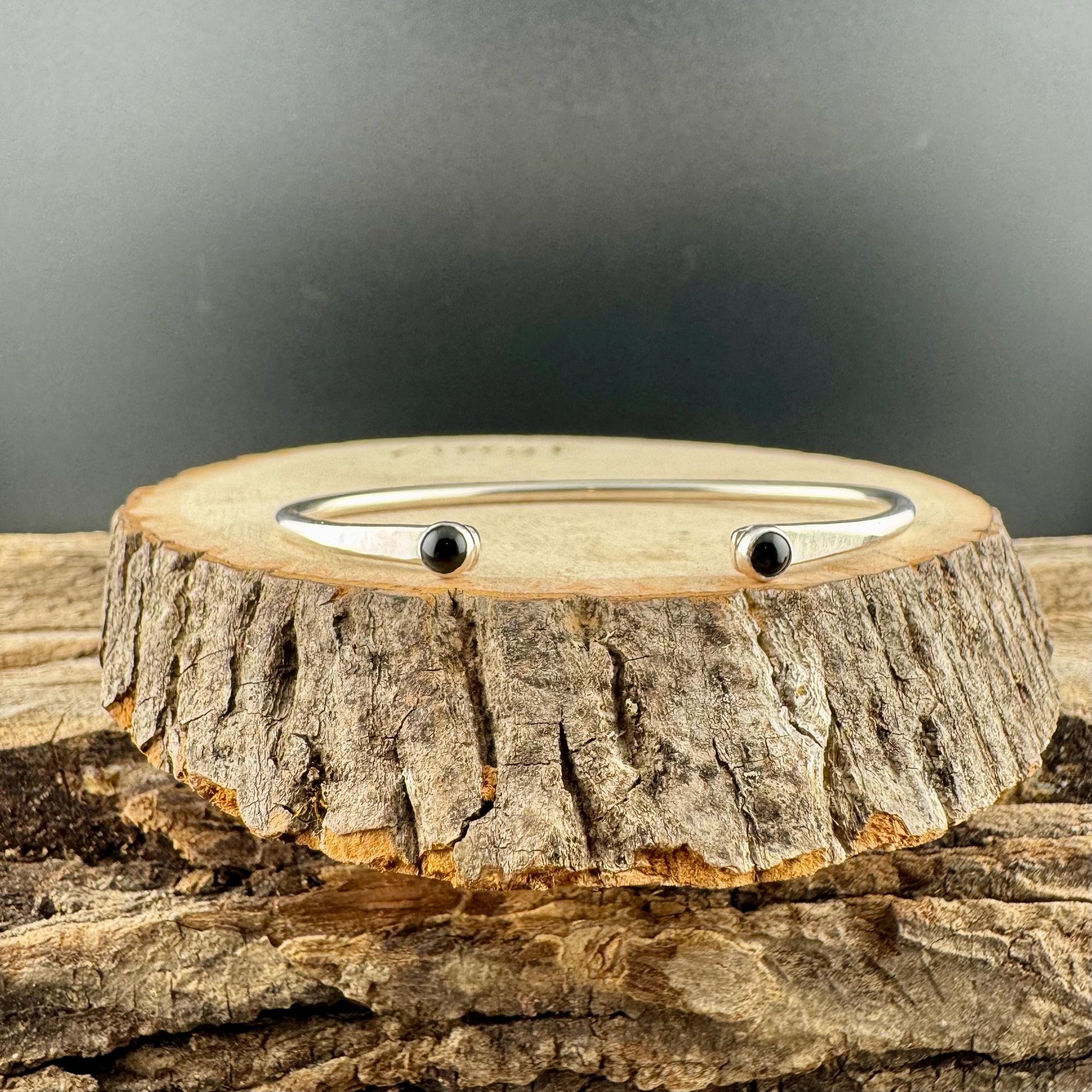 Dainty Sterling Silver Black Onyx Cuff Bracelet - 4mm Double Bezel Reverse Design