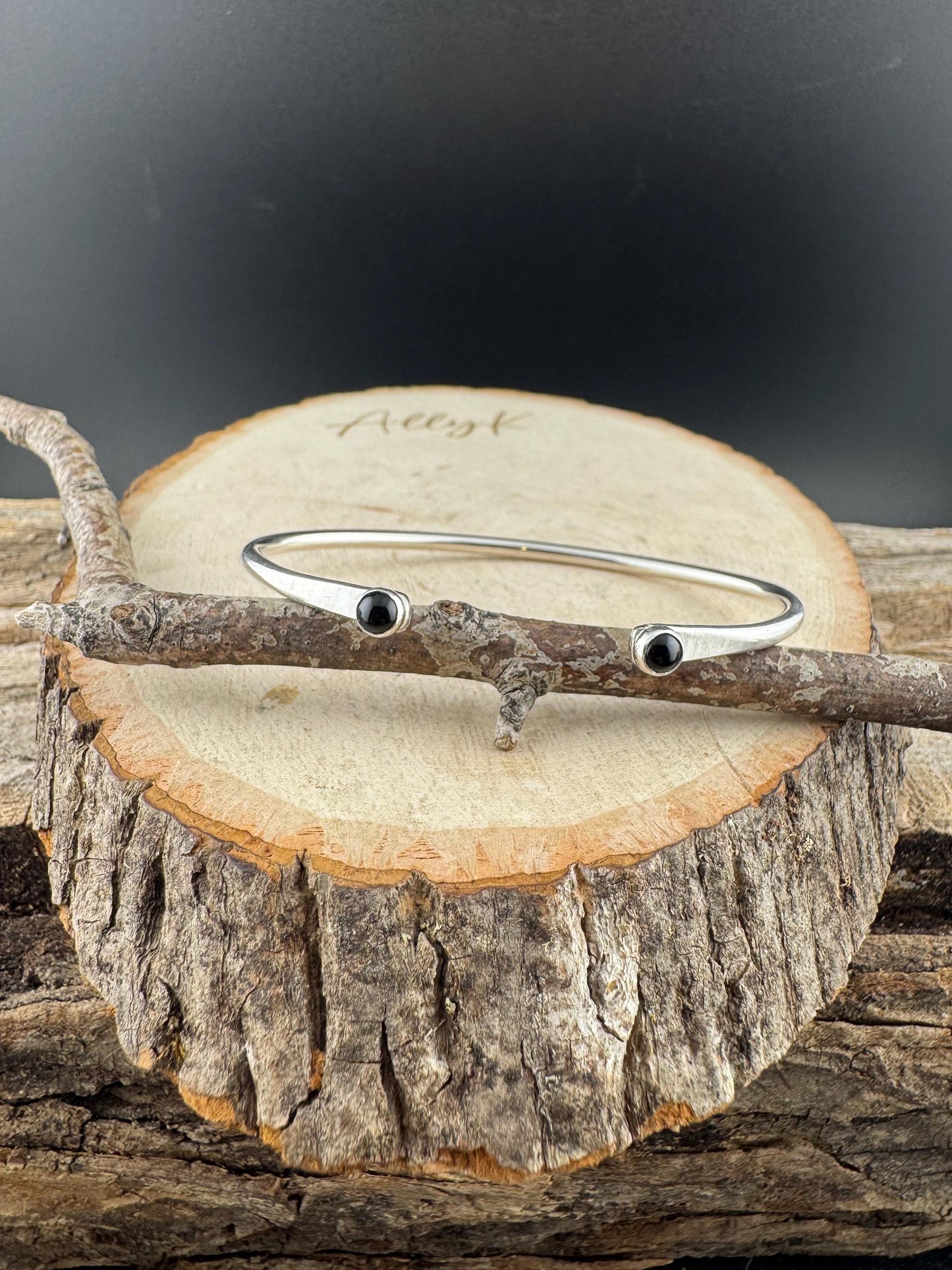 Dainty Sterling Silver Black Onyx Cuff Bracelet - 4mm Double Bezel Reverse Design