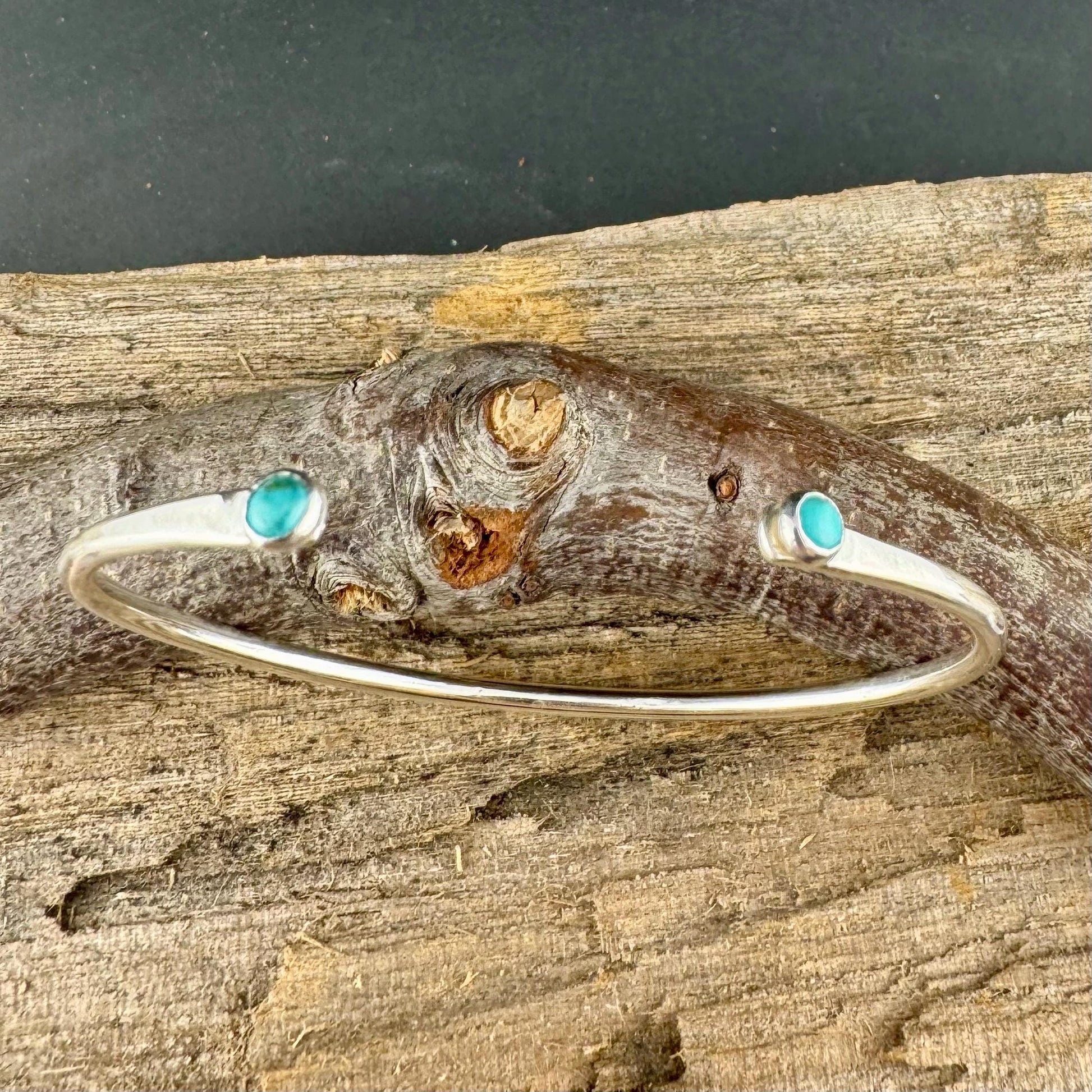 Dainty Sterling Silver Turquoise Cuff Bracelet - 4mm Kingman Double Bezel Reverse Design