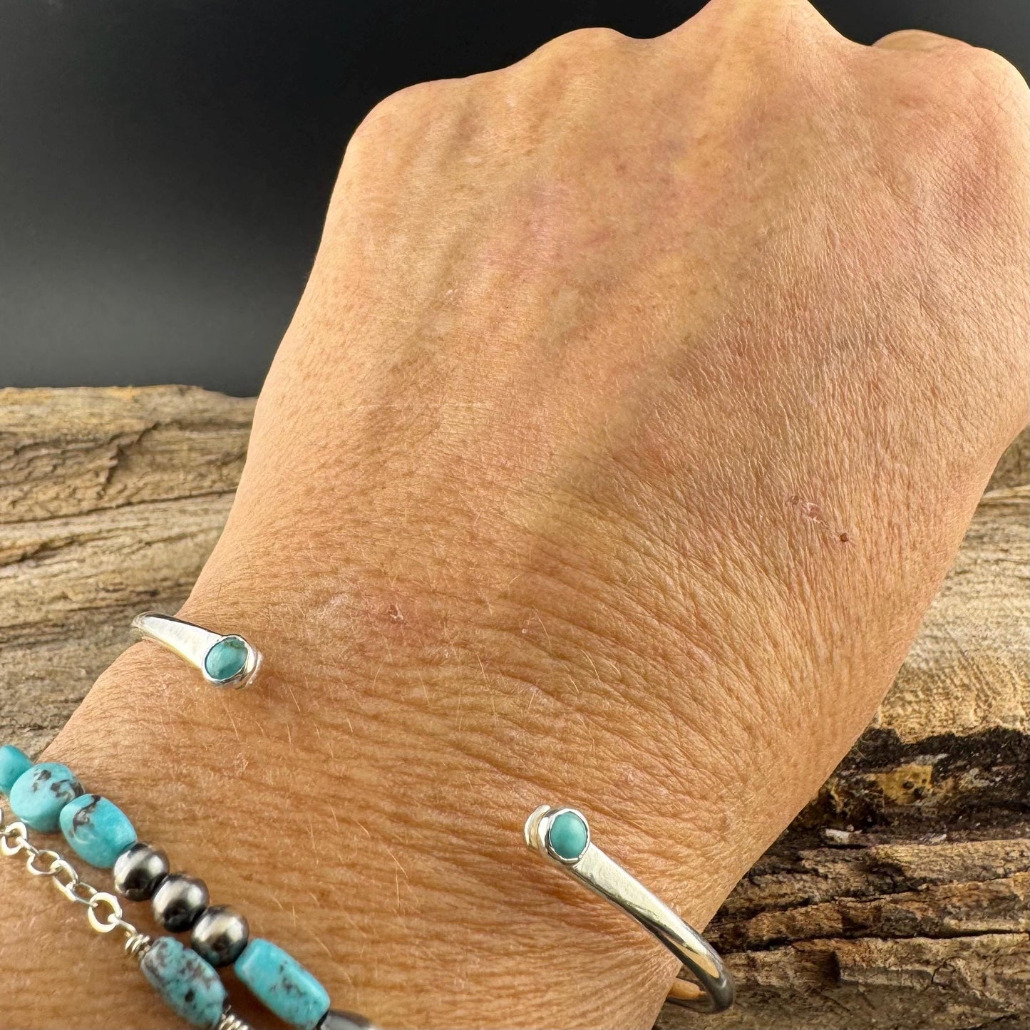 Dainty Sterling Silver Turquoise Cuff Bracelet - 4mm Kingman Double Bezel Reverse Design