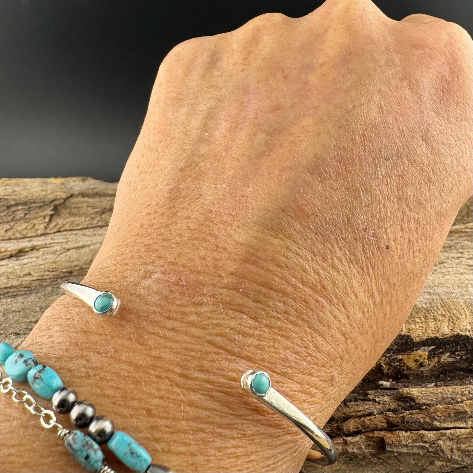 Dainty Sterling Silver Turquoise Cuff Bracelet - 4mm Kingman Double Bezel Reverse Design