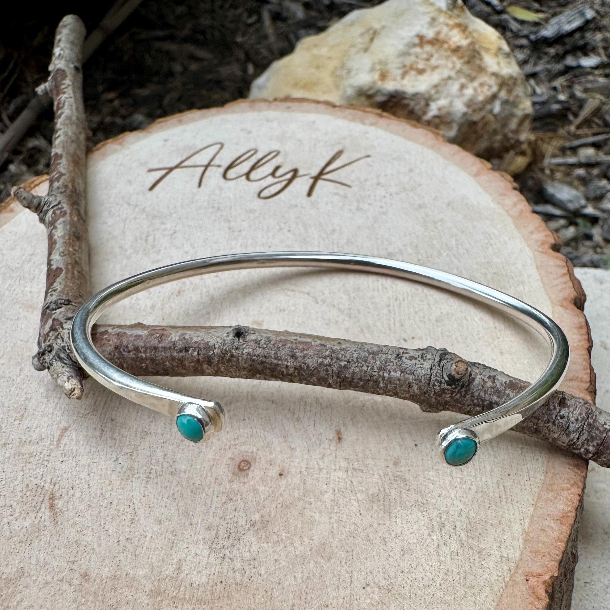 Dainty Sterling Silver Turquoise Cuff Bracelet - 4mm Kingman Double Bezel Reverse Design