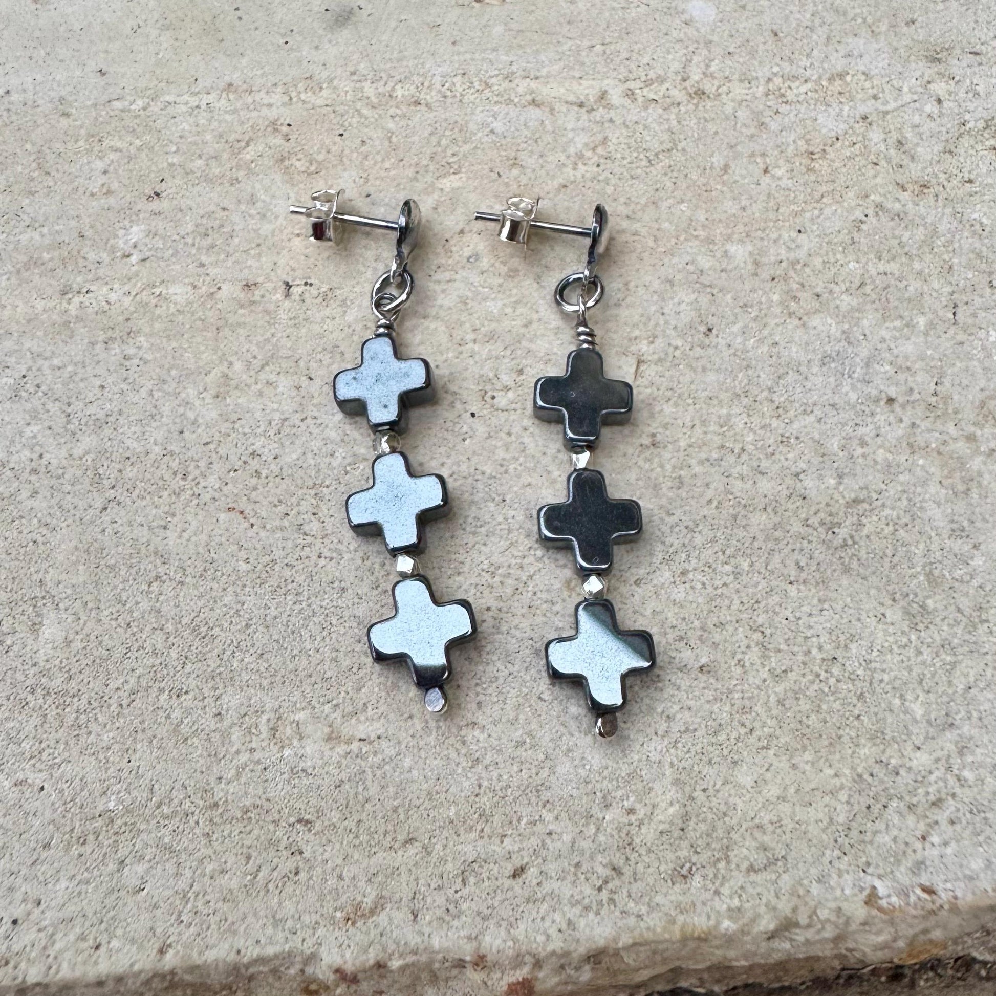 Elegant Three Cross Hematite Post Earrings | Sterling Silver Dome Studs