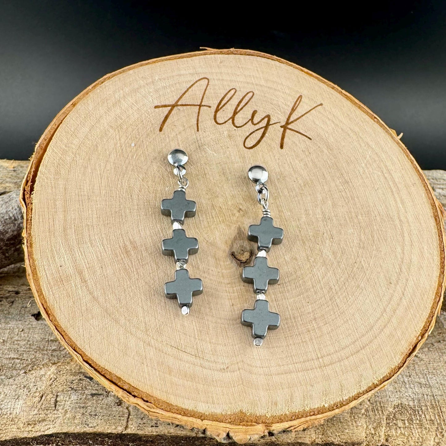 Elegant Three Cross Hematite Post Earrings | Sterling Silver Dome Studs