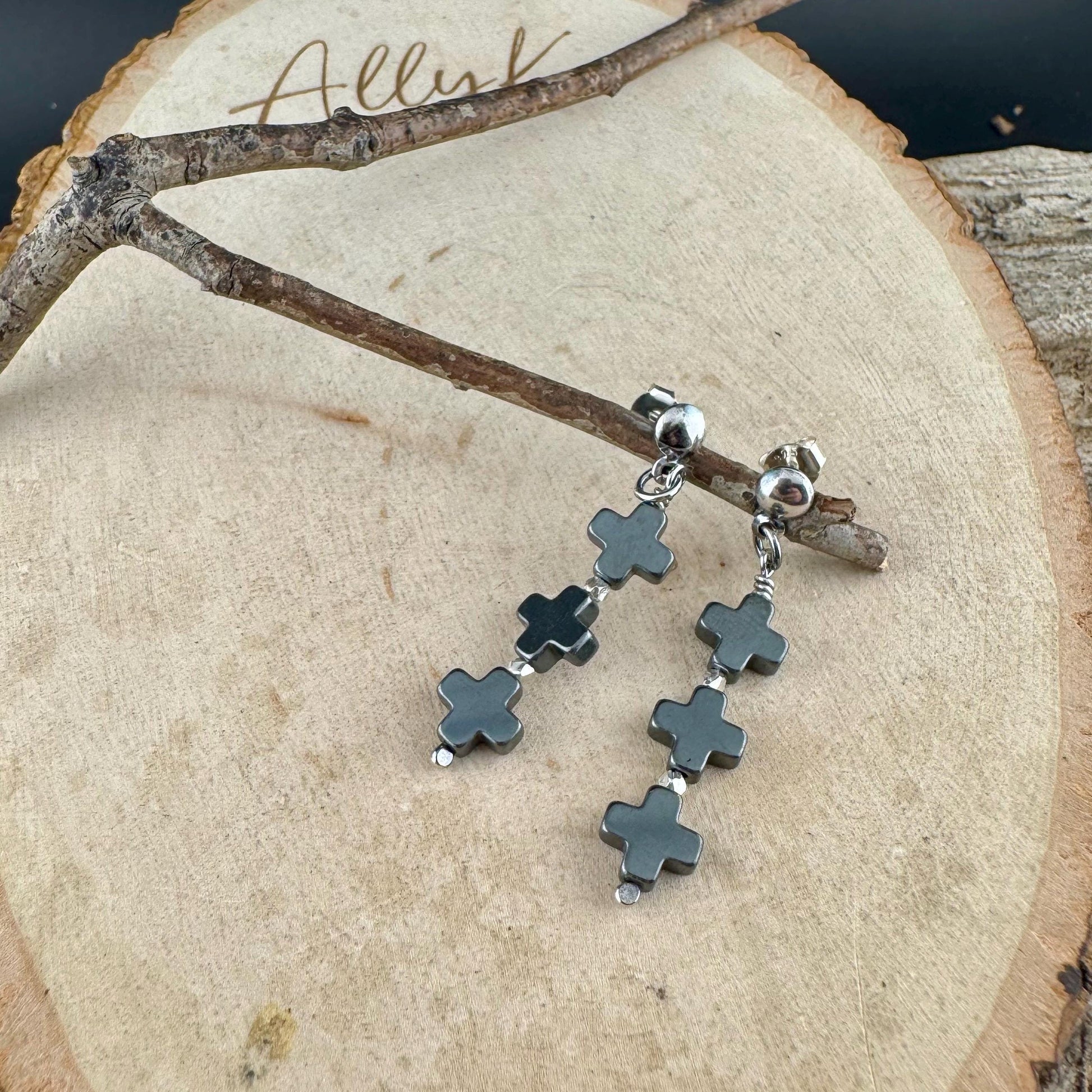 Elegant Three Cross Hematite Post Earrings | Sterling Silver Dome Studs