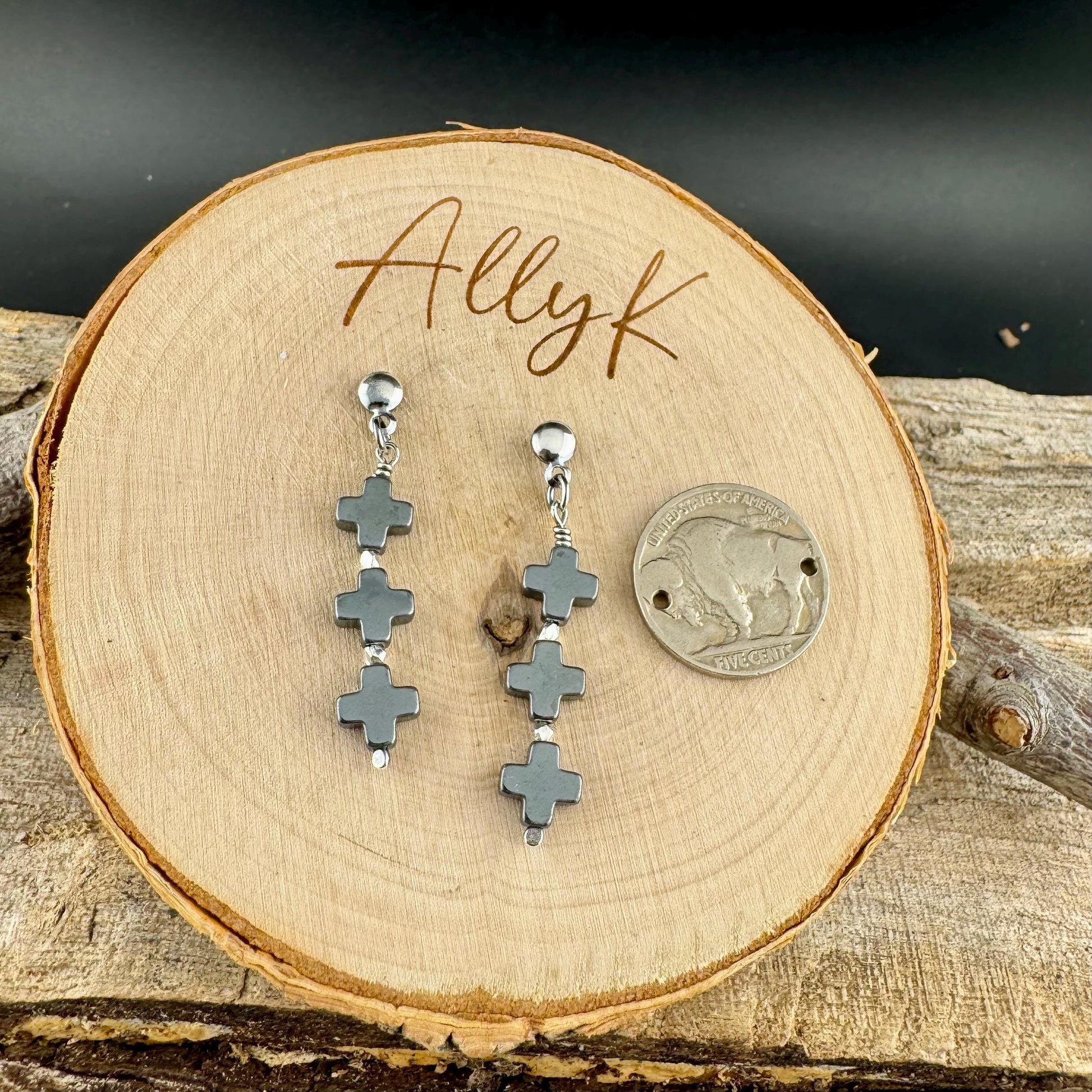 Elegant Three Cross Hematite Post Earrings | Sterling Silver Dome Studs