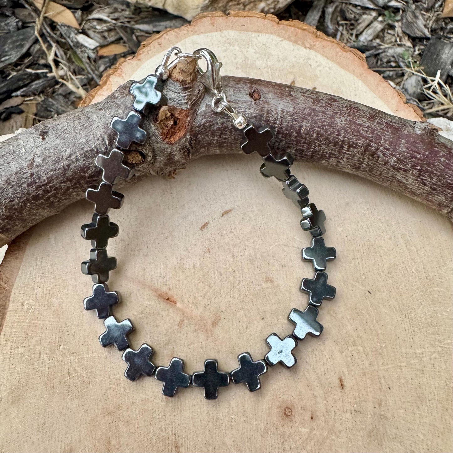 Hematite Cross Bracelet in Sterling Silver | Unisex Grounding Stackable Design