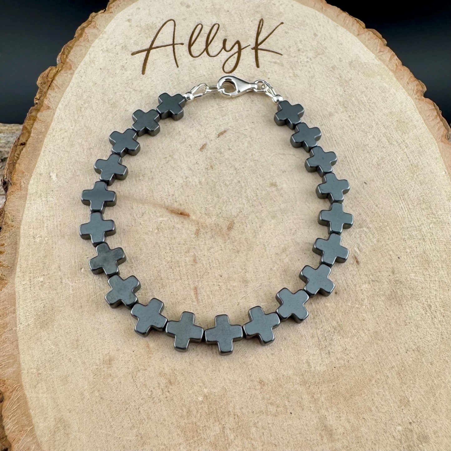 Hematite Cross Bracelet in Sterling Silver | Unisex Grounding Stackable Design