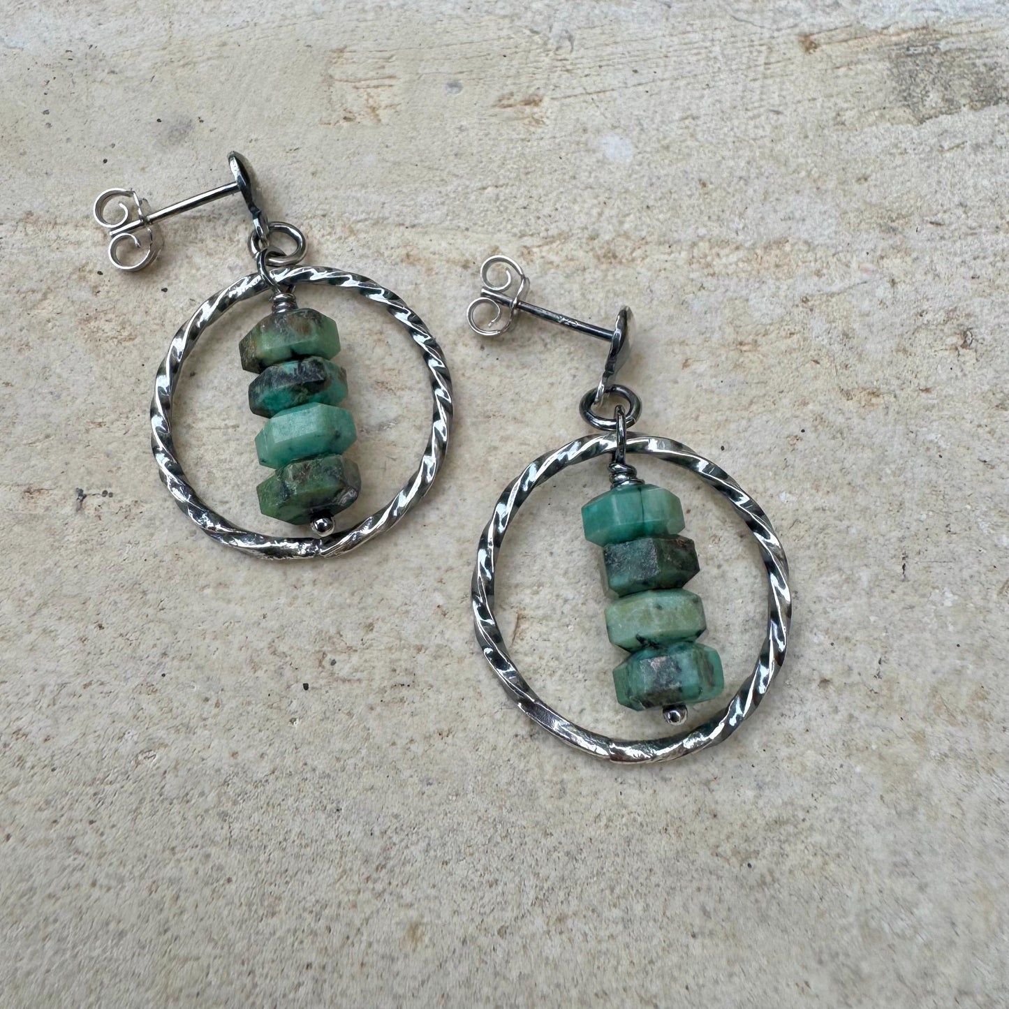 Sterling Silver African Turquoise Circle Post Drop Earrings, Natural Gemstone Jewelry