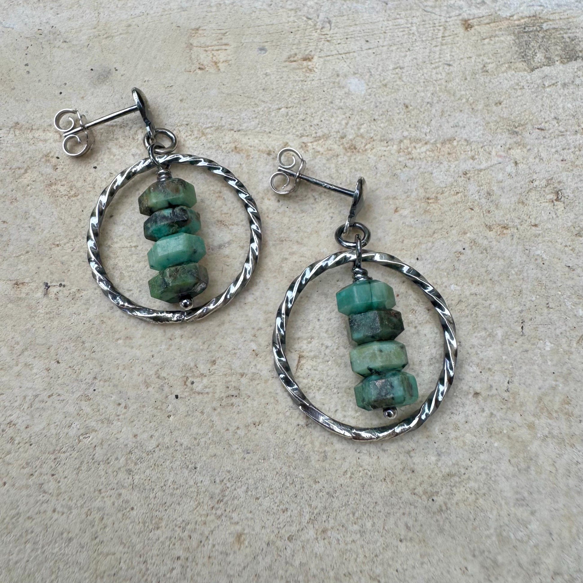 Sterling Silver African Turquoise Circle Post Drop Earrings, Natural Gemstone Jewelry