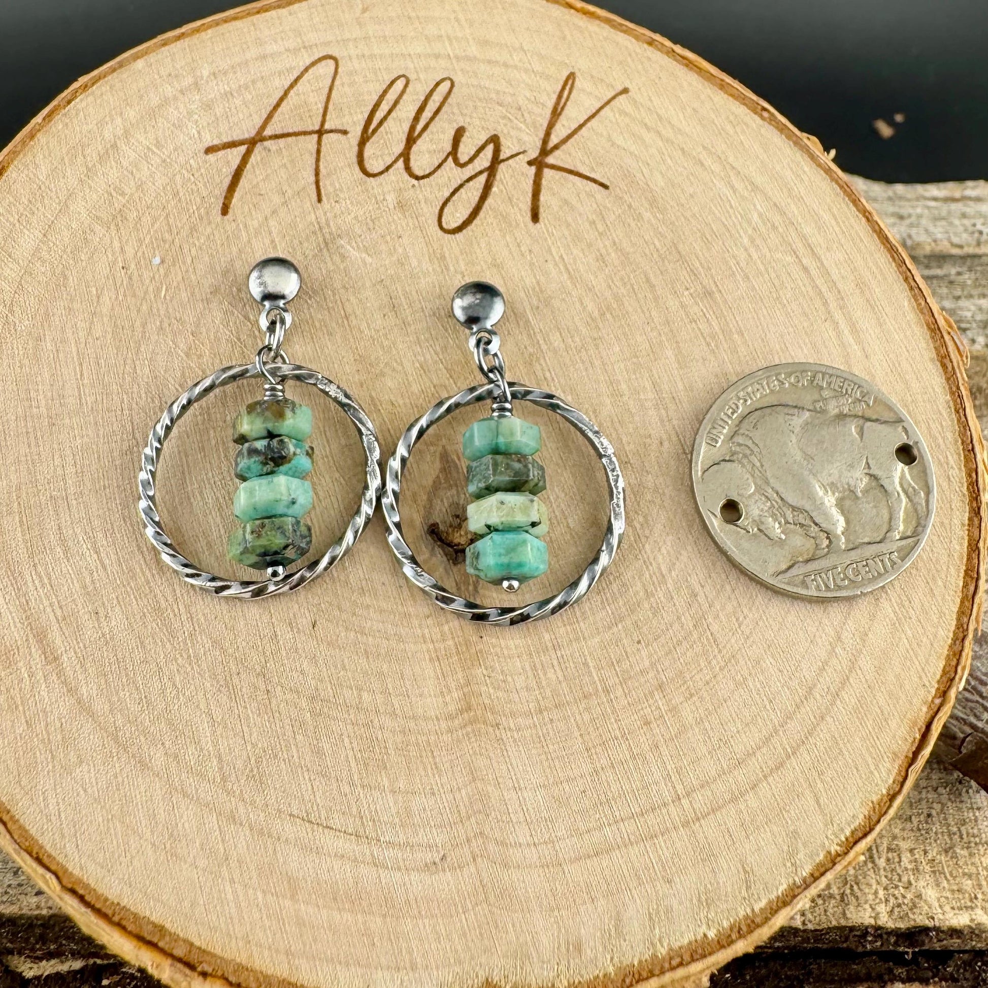 Sterling Silver African Turquoise Circle Post Drop Earrings, Natural Gemstone Jewelry