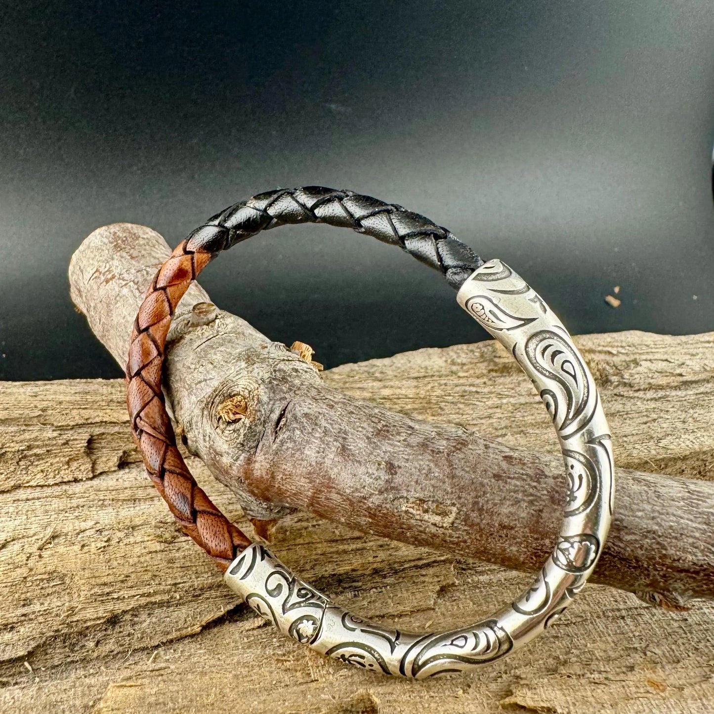 Braided Leather Wrap Bracelet - Antique Silver Paisley Half Cuff in Multiple Colors