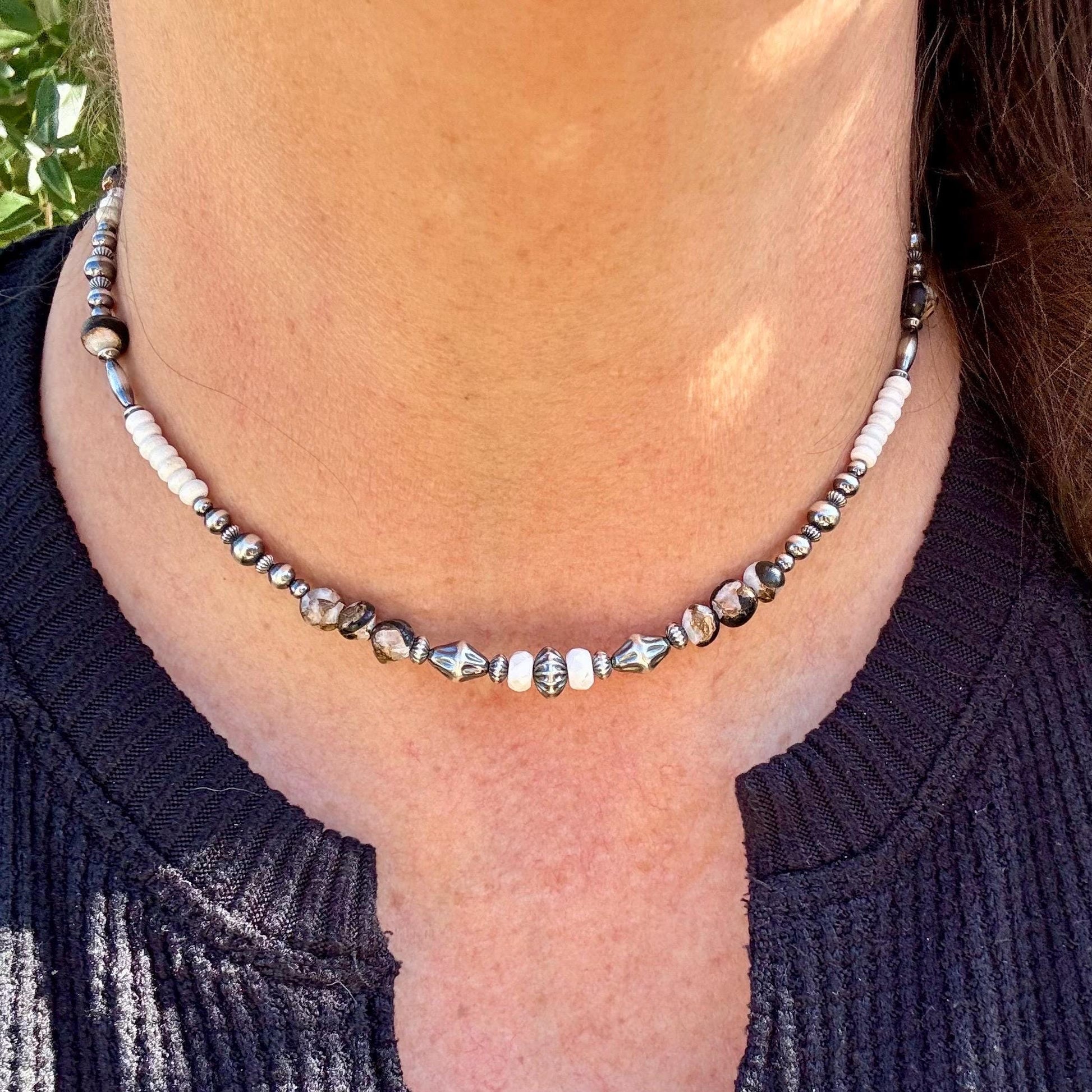 Navajo Pearl & White Buffalo Necklace – Sterling Silver White Turquoise Gemstone Choker