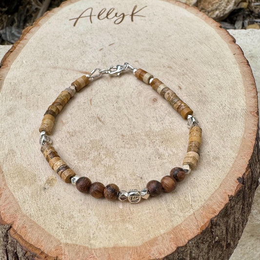Picture Jasper Sandalwood Bracelet – Sterling Silver Spacers, Stackable Dainty Gemstone Jewelry