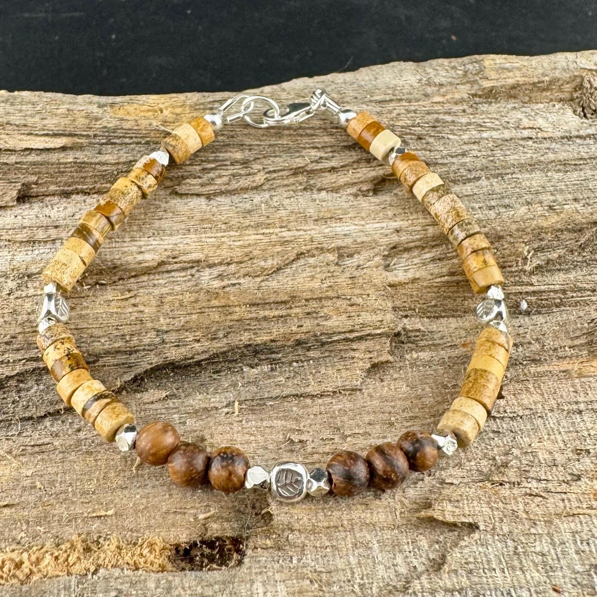 Picture Jasper Sandalwood Bracelet – Sterling Silver Spacers, Stackable Dainty Gemstone Jewelry