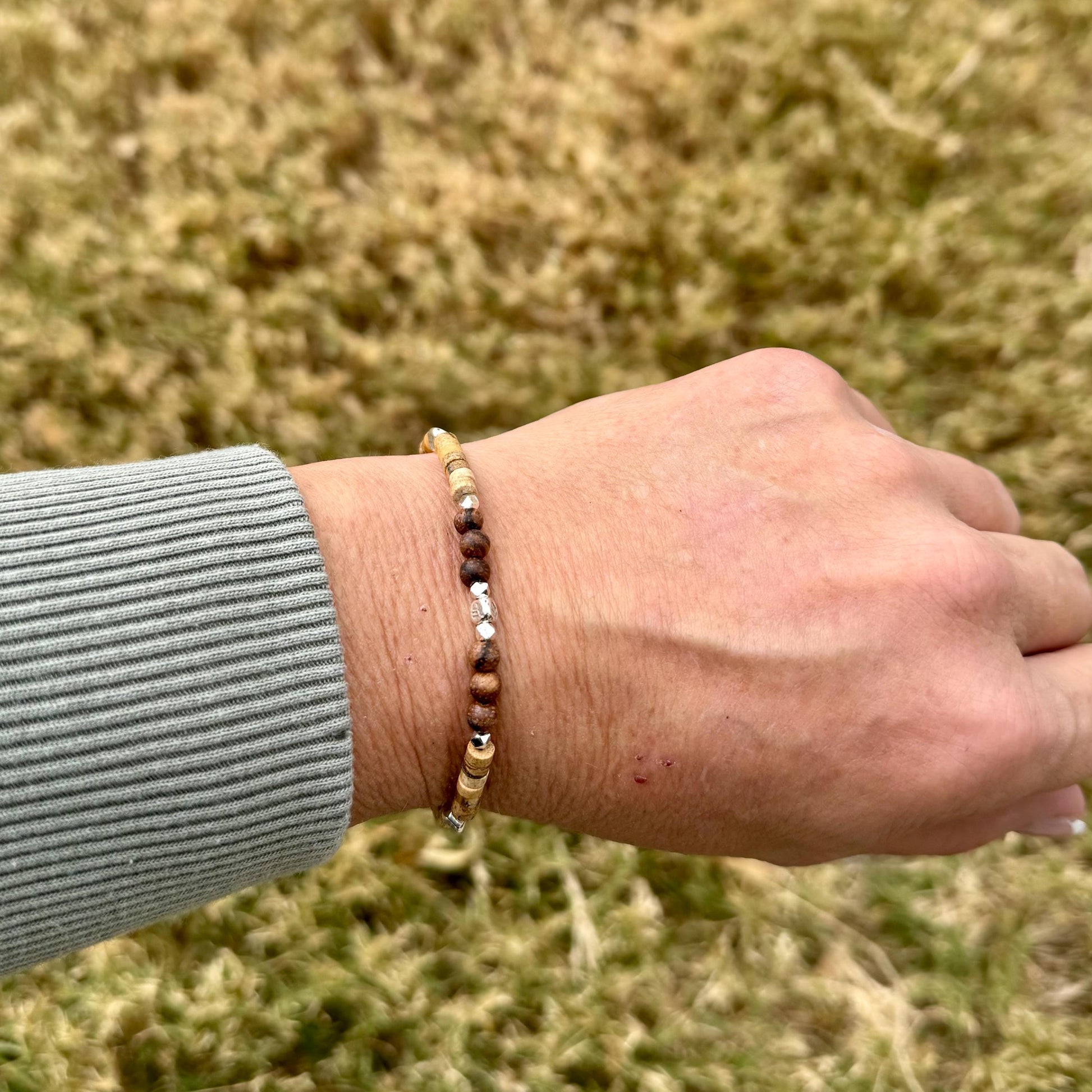 Picture Jasper Sandalwood Bracelet – Sterling Silver Spacers, Stackable Dainty Gemstone Jewelry
