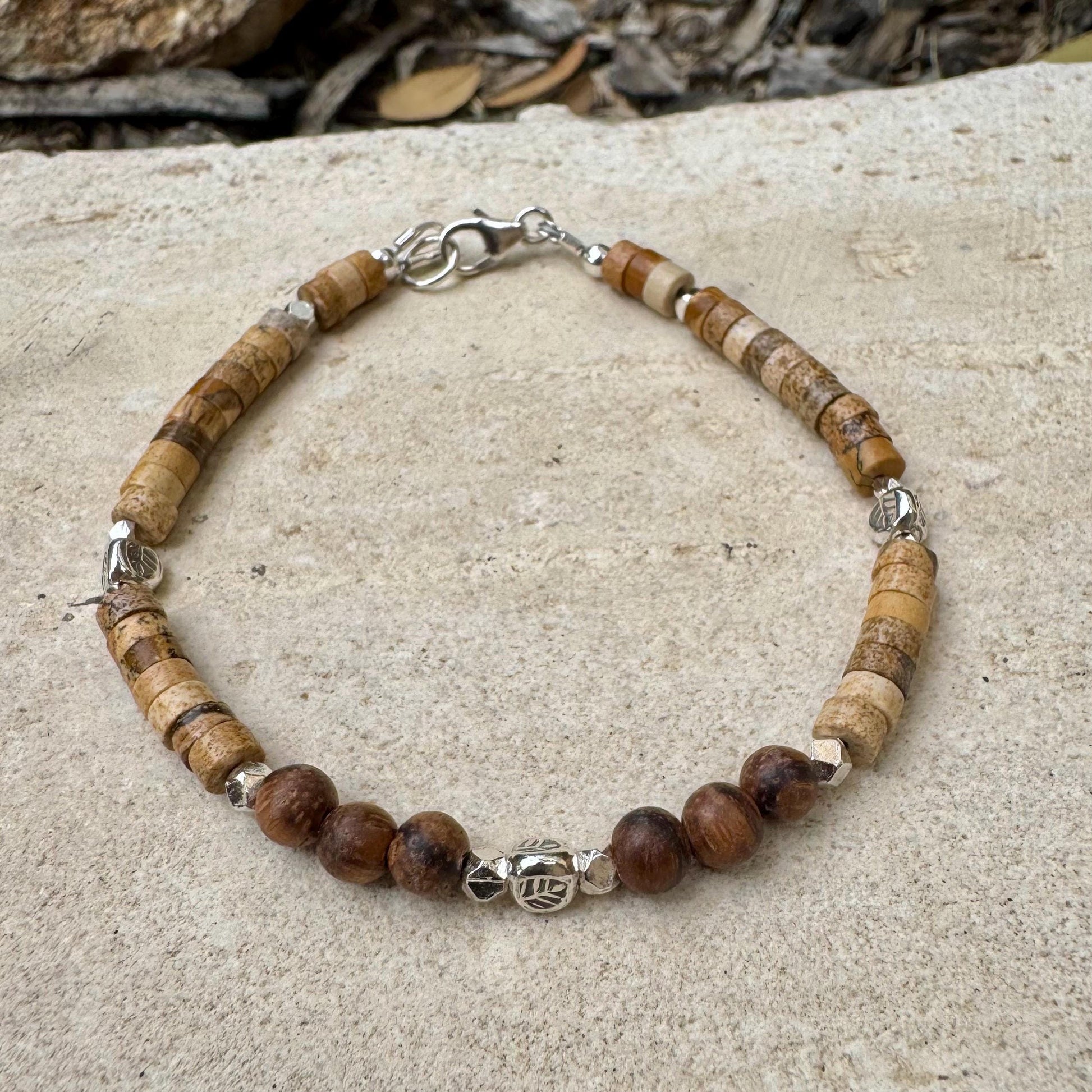 Picture Jasper Sandalwood Bracelet – Sterling Silver Spacers, Stackable Dainty Gemstone Jewelry