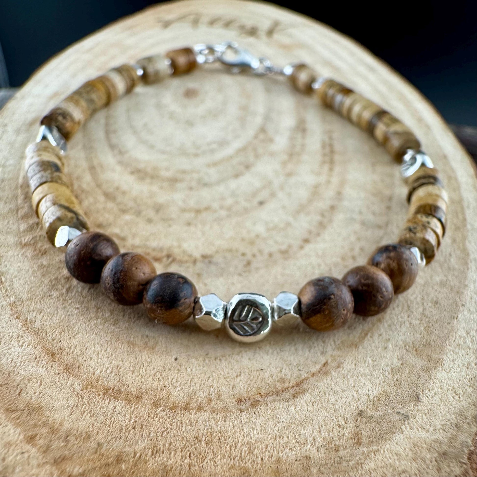 Picture Jasper Sandalwood Bracelet – Sterling Silver Spacers, Stackable Dainty Gemstone Jewelry