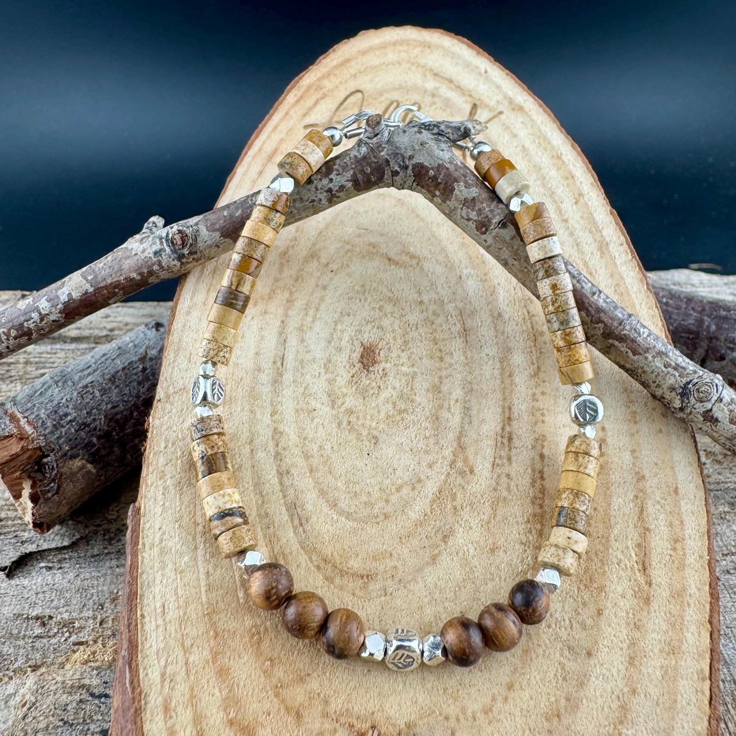 Picture Jasper Sandalwood Bracelet – Sterling Silver Spacers, Stackable Dainty Gemstone Jewelry