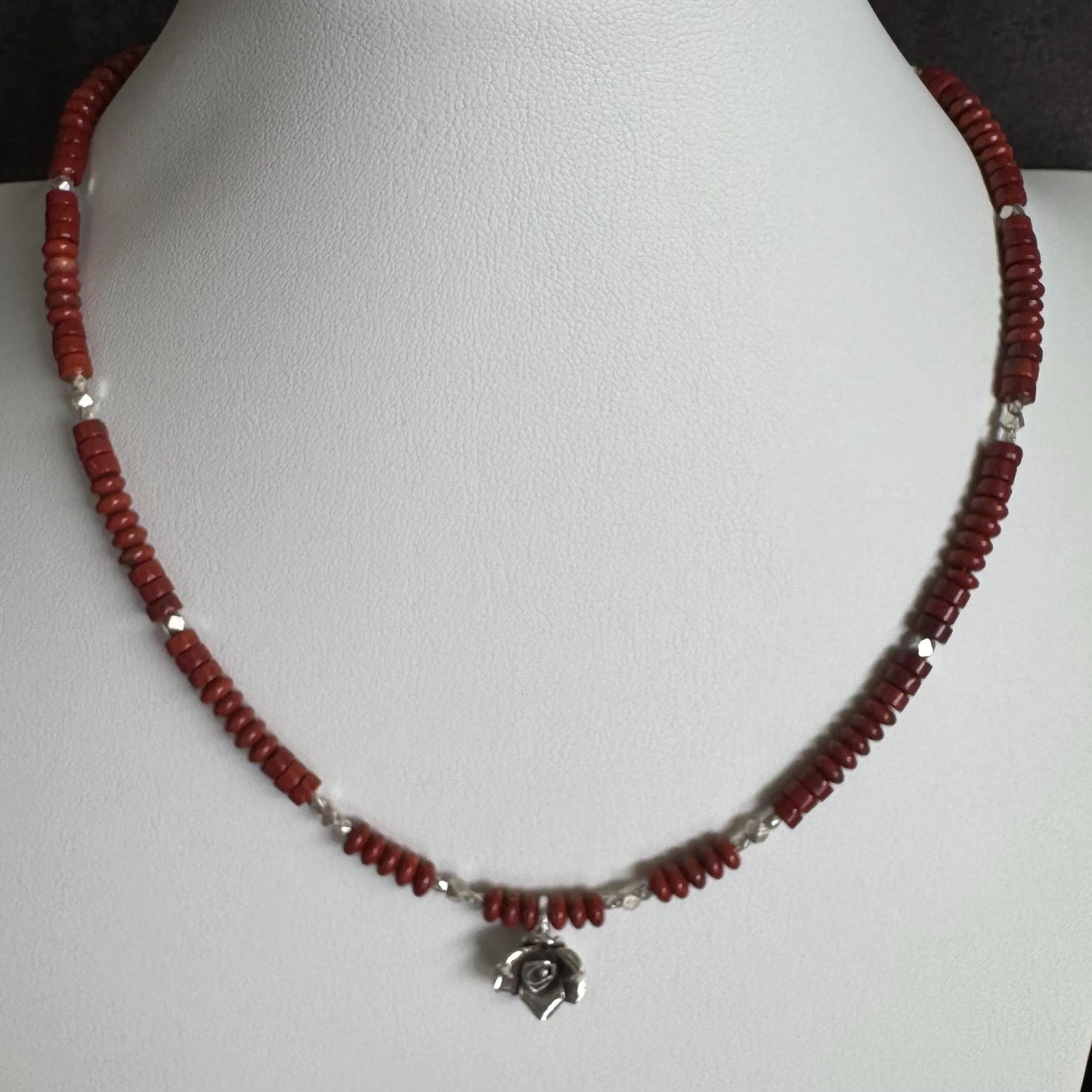 Red Jasper Necklace: Sterling Silver Rose Pendant, Gemstone Jewelry