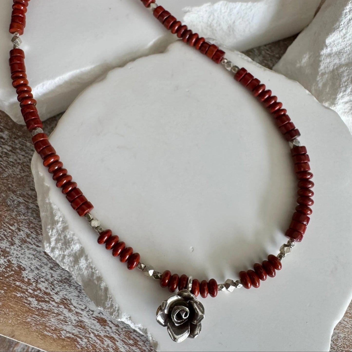 Red Jasper Necklace: Sterling Silver Rose Pendant, Gemstone Jewelry