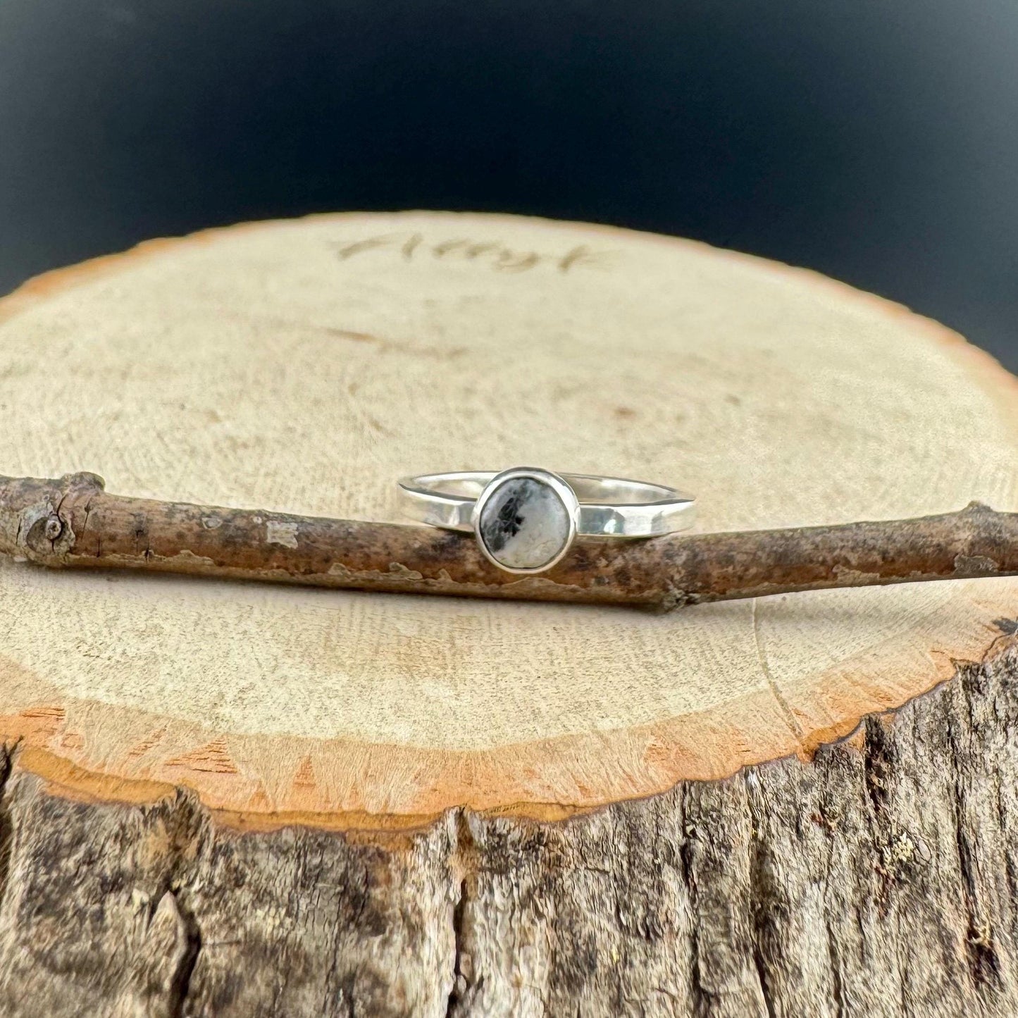 Sterling Silver White Buffalo Band Ring - Hammered or Smooth Finish