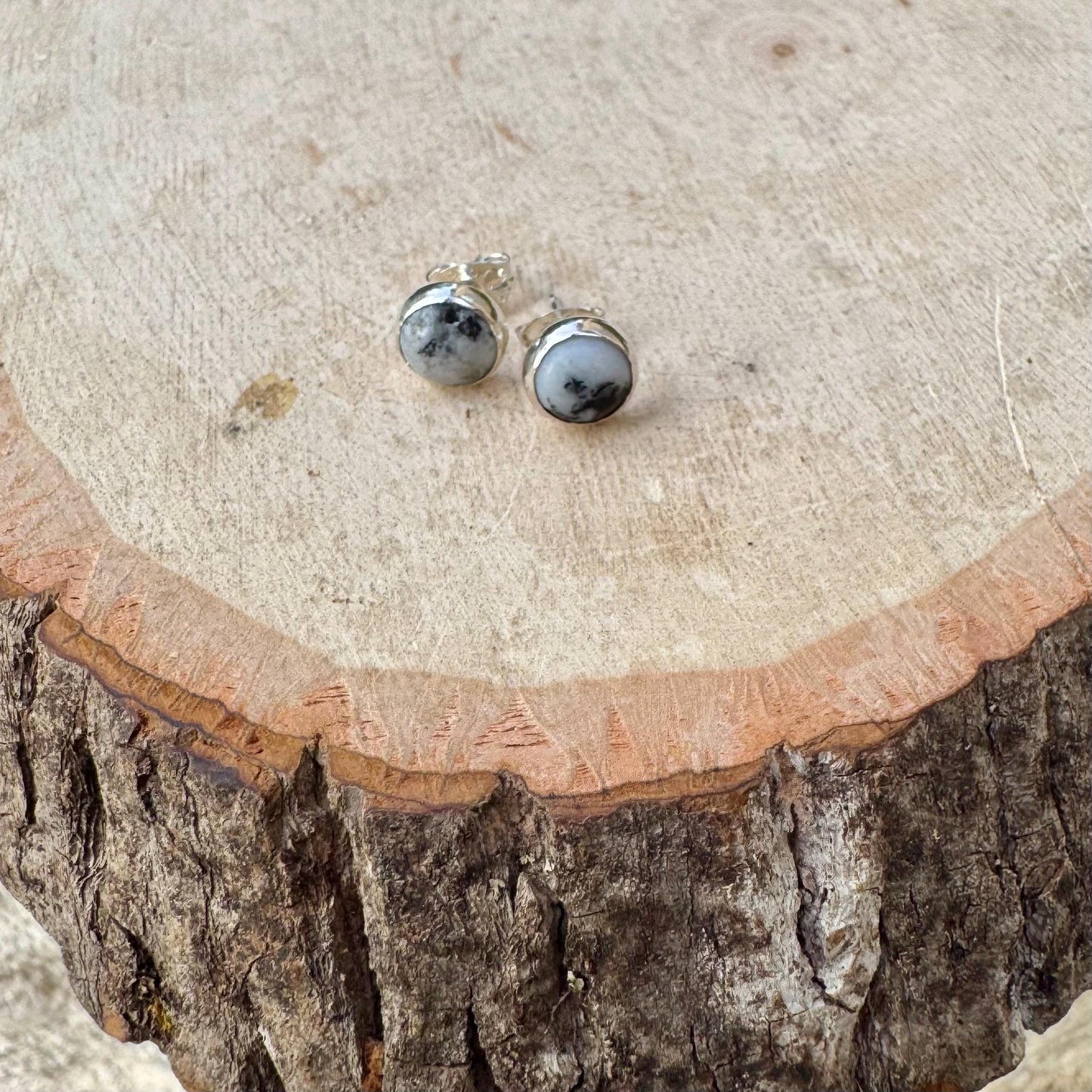 Sterling Silver White Buffalo Stud Earrings - 6mm Serrated or Smooth Bezel Post Design