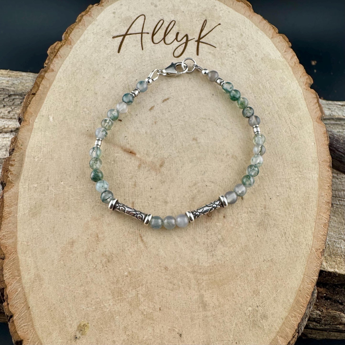 Sterling Silver Green Moss Agate Bracelet: Gemstone Beaded Bracelet