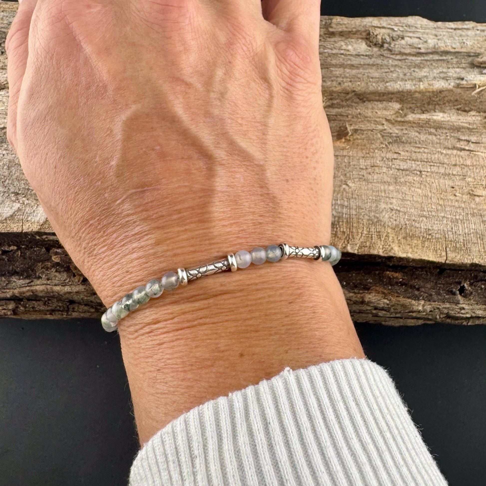 Sterling Silver Green Moss Agate Bracelet: Gemstone Beaded Bracelet