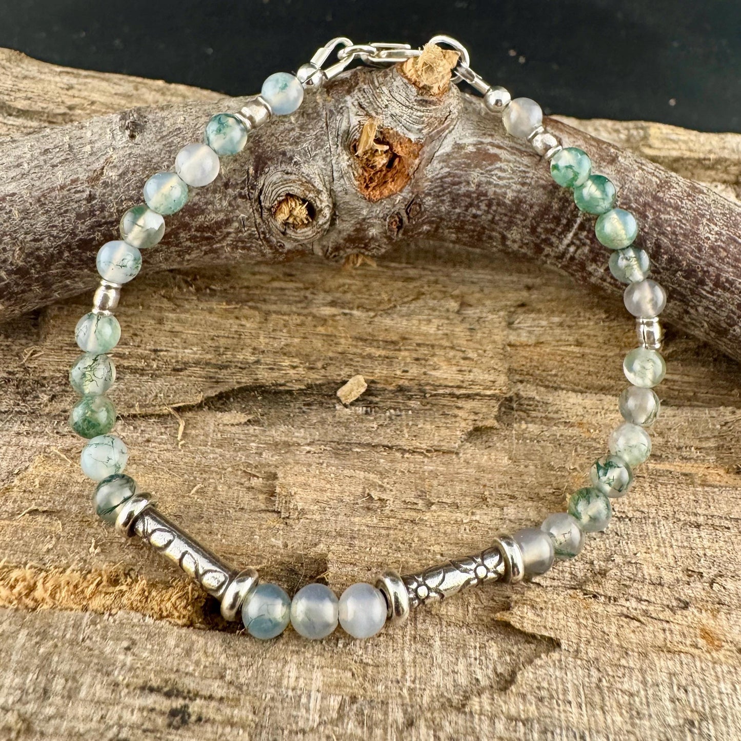 Sterling Silver Green Moss Agate Bracelet: Gemstone Beaded Bracelet
