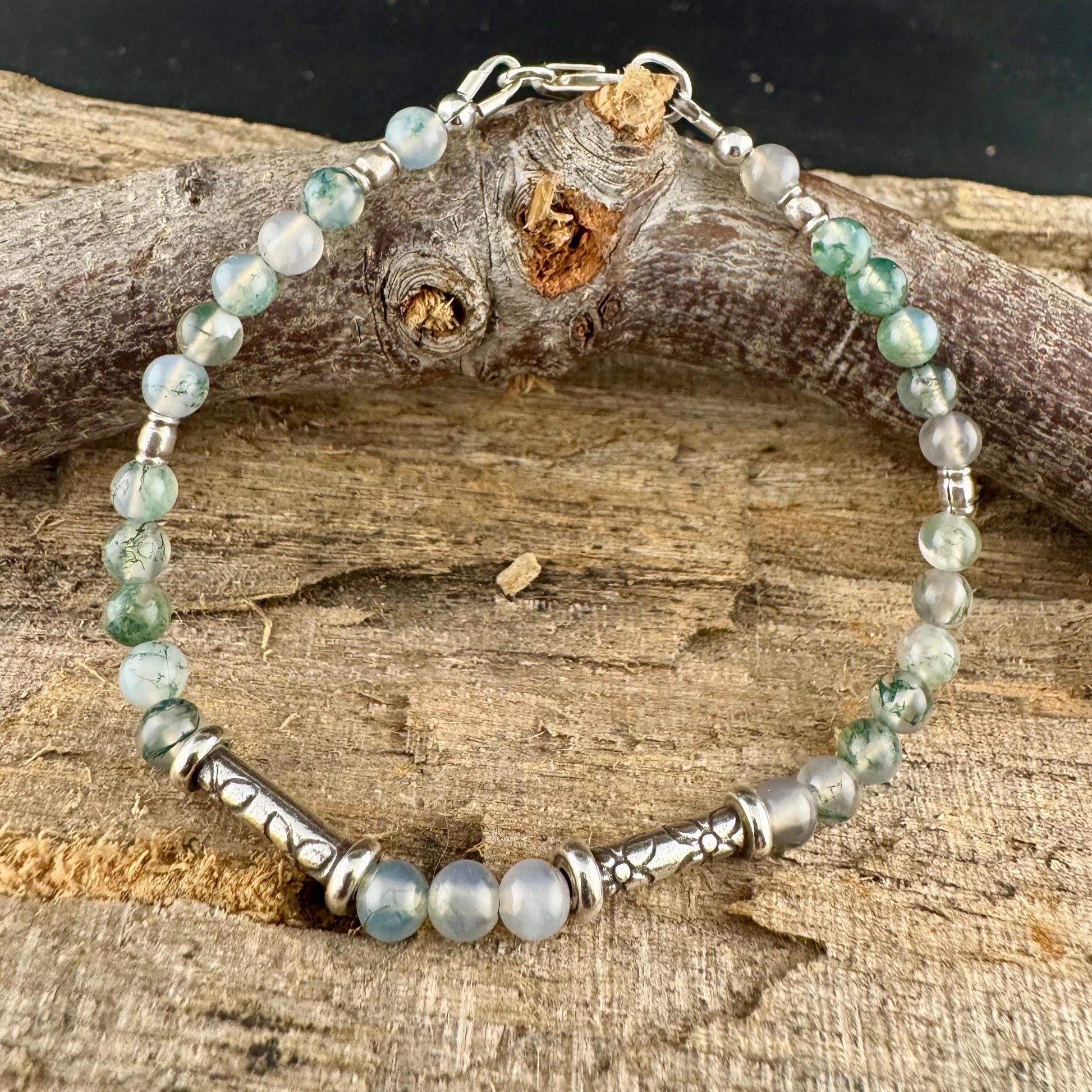 Sterling Silver Green Moss Agate Bracelet: Gemstone Beaded Bracelet
