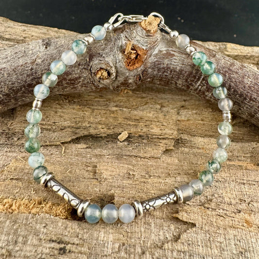 Sterling Silver Green Moss Agate Bracelet: Gemstone Beaded Bracelet