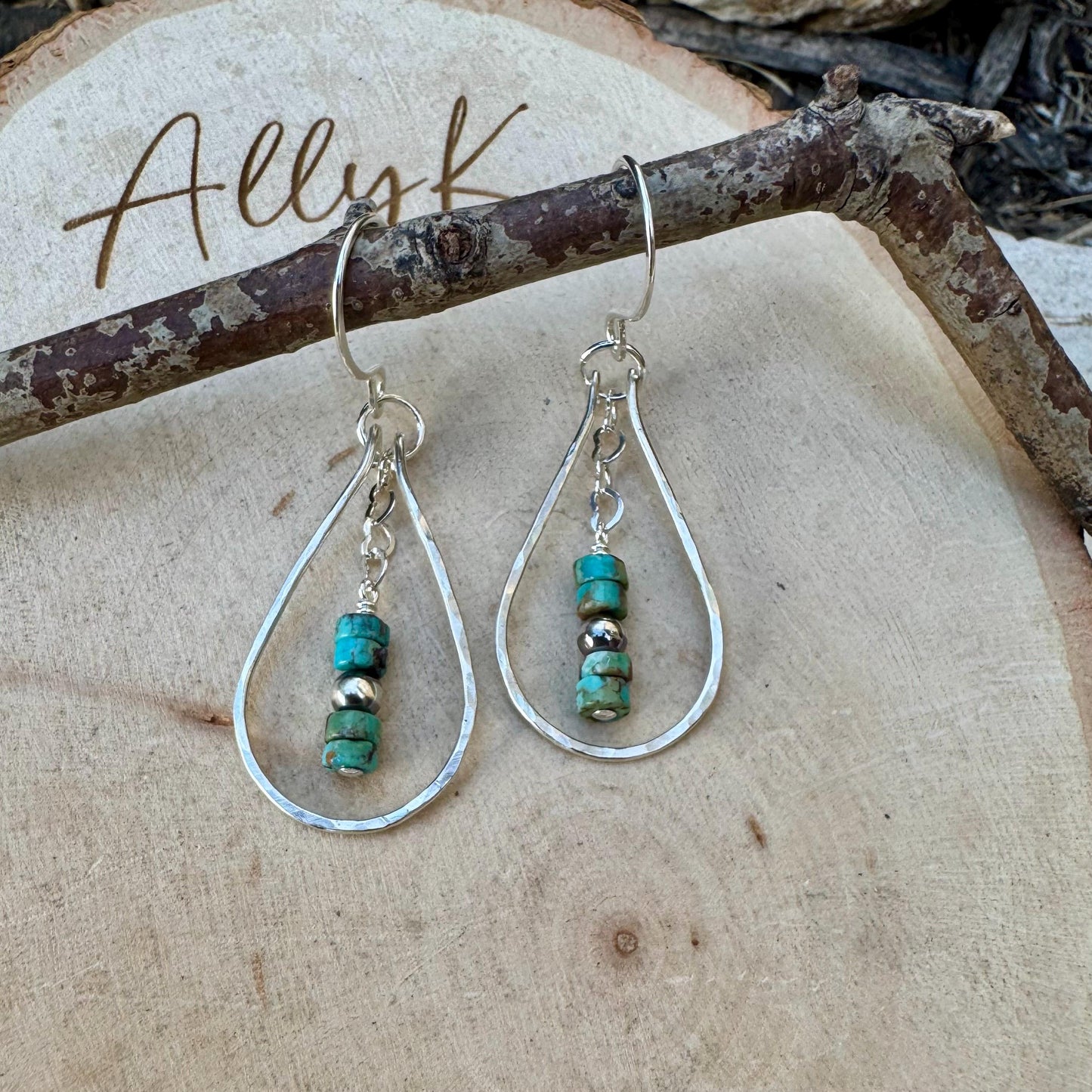 Teardrop Dangle Turquoise Navajo Pearl Earrings | Heart Chain Sterling Silver Jewelry