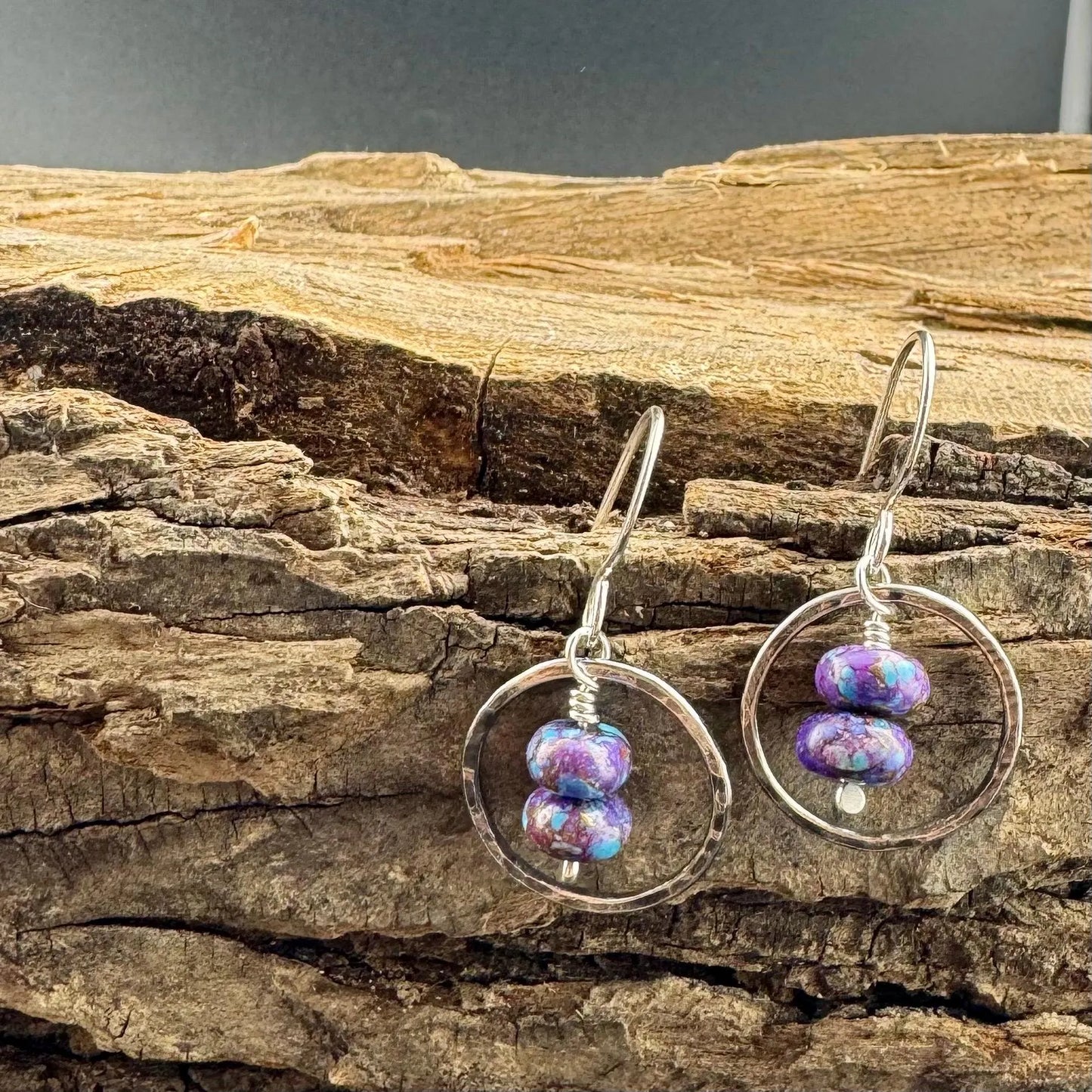 Purple Turquoise Dangle Earrings – Sterling Silver Circles with Spotted Mohave Gemstone