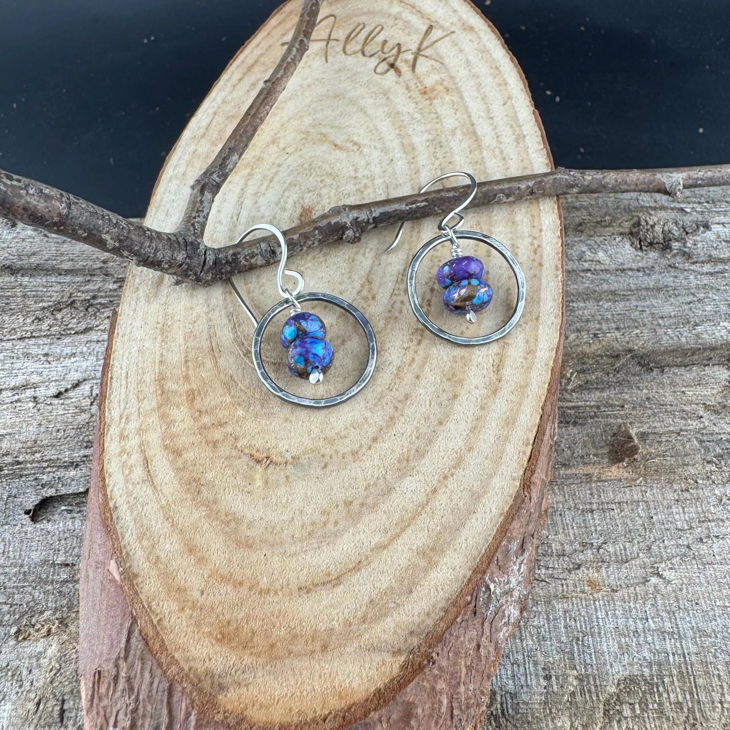 Purple Turquoise Dangle Earrings – Sterling Silver Circles with Spotted Mohave Gemstone