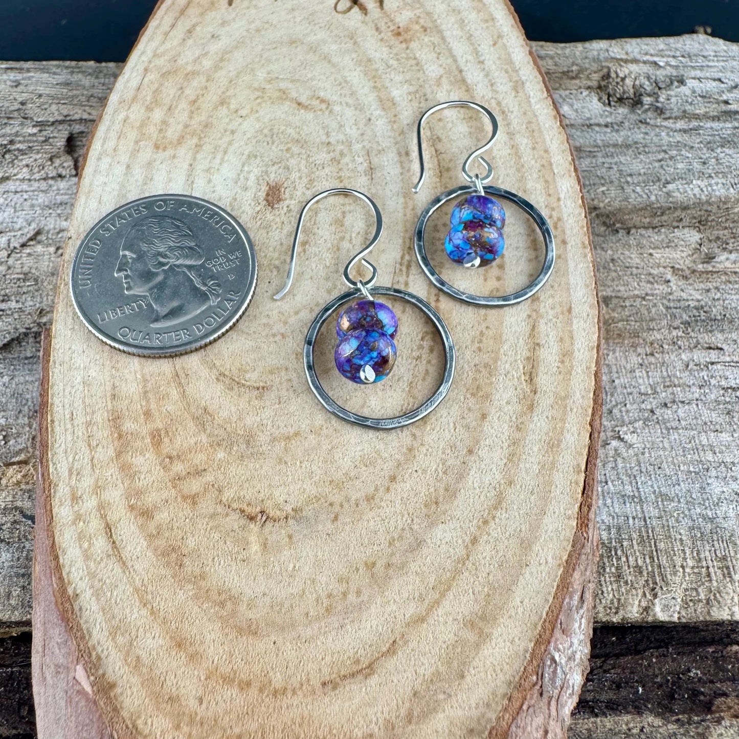Purple Turquoise Dangle Earrings – Sterling Silver Circles with Spotted Mohave Gemstone