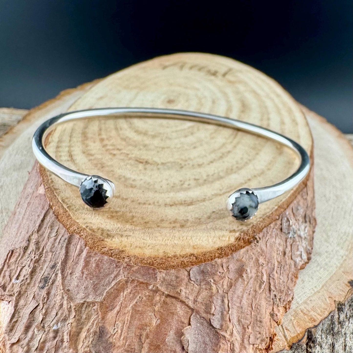 White Buffalo Sterling Silver Dainty Cuff Bracelet - 6mm Kingman Double Bezel Reverse Design