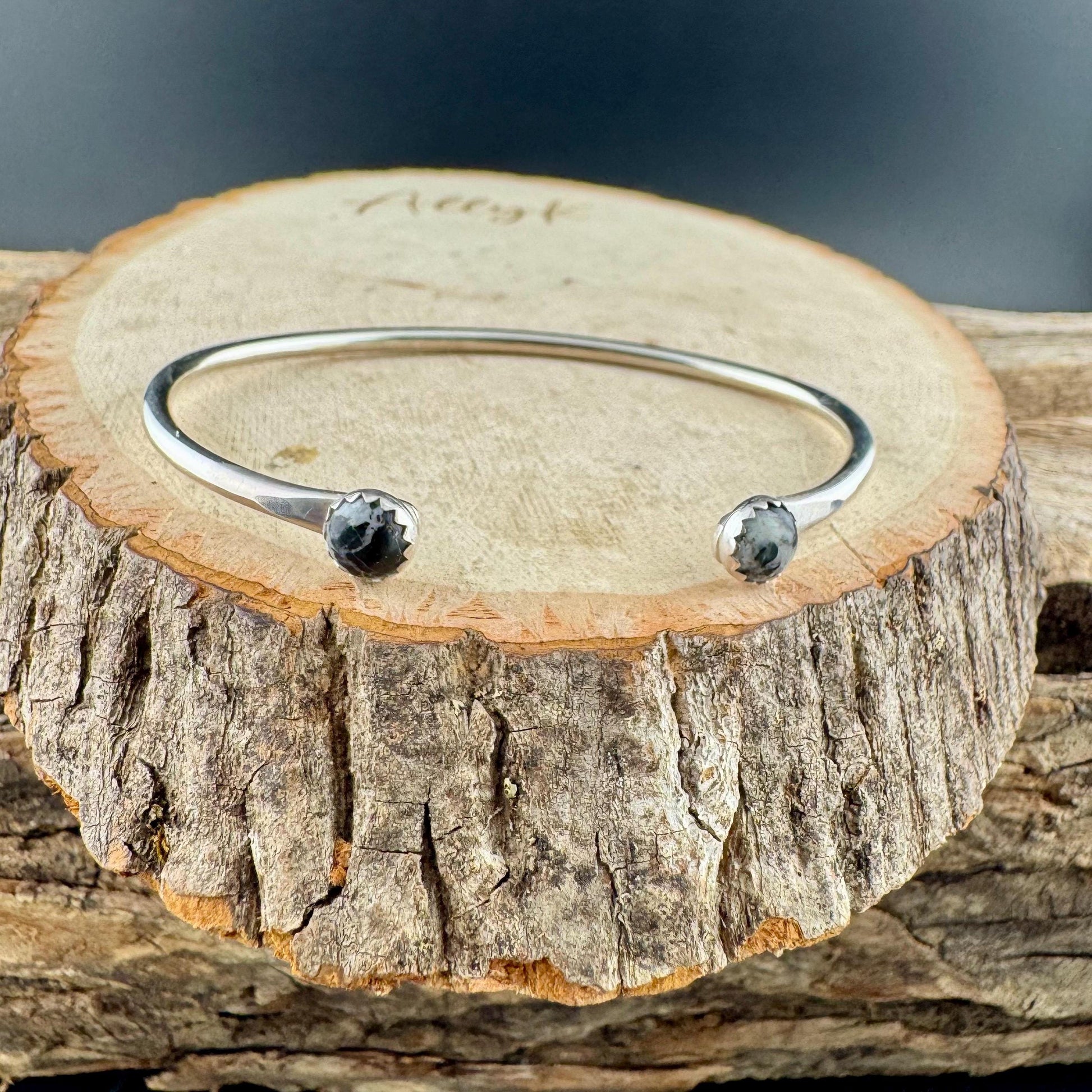 White Buffalo Sterling Silver Dainty Cuff Bracelet - 6mm Kingman Double Bezel Reverse Design